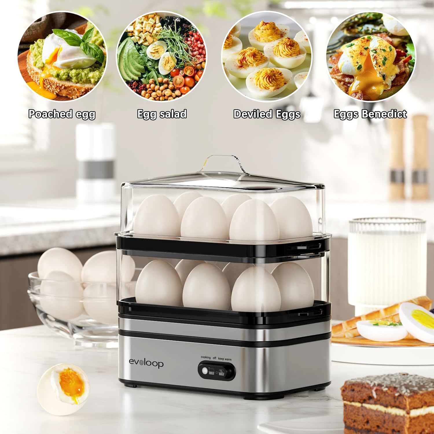 Evoloop Rapid Egg Cooker Electric 12 Eggs Capacity, Soft, Medium, Hard Boiled, Poached, Omelet Maker Egg Poacher & Vegetable Steamer, Bpa Free Tray