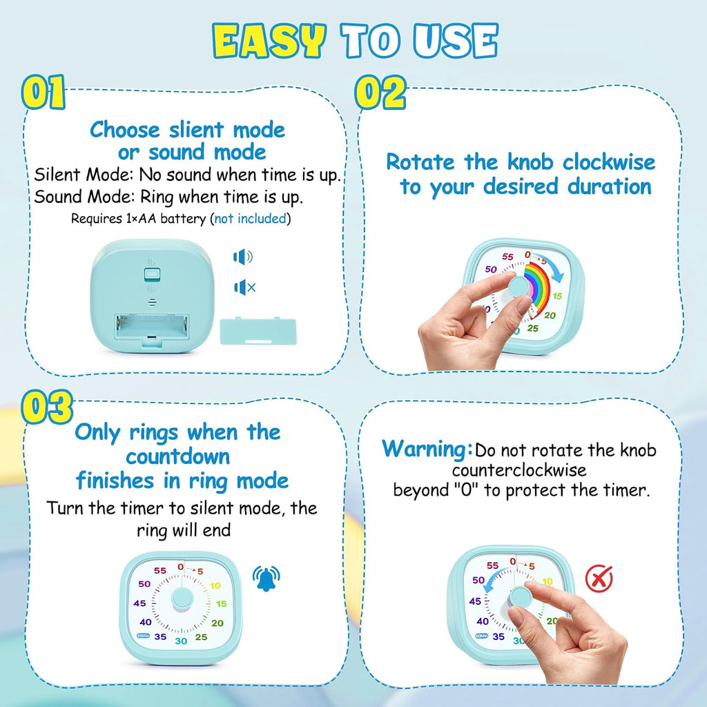 Visual Timer For Kids - 60 Minute Pomodoro Timers For Classroom Kitchen Office, Countdown Kids Timer Clock With Rainbow Disk, Desk Time Management Tool For Toddler With Silent Operation, Blue