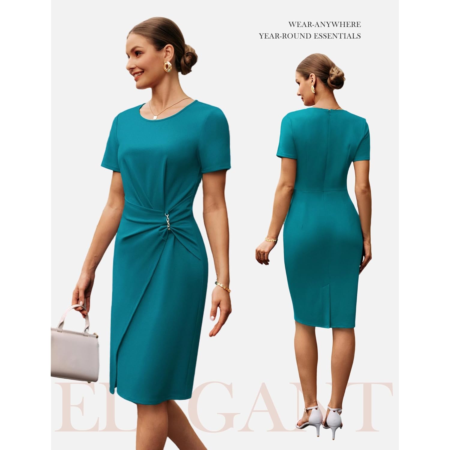 Work Dresses for Women 2026 Short Sleeve Sheath Business Midi Dress Ruched Bodycon Office Church Outfits