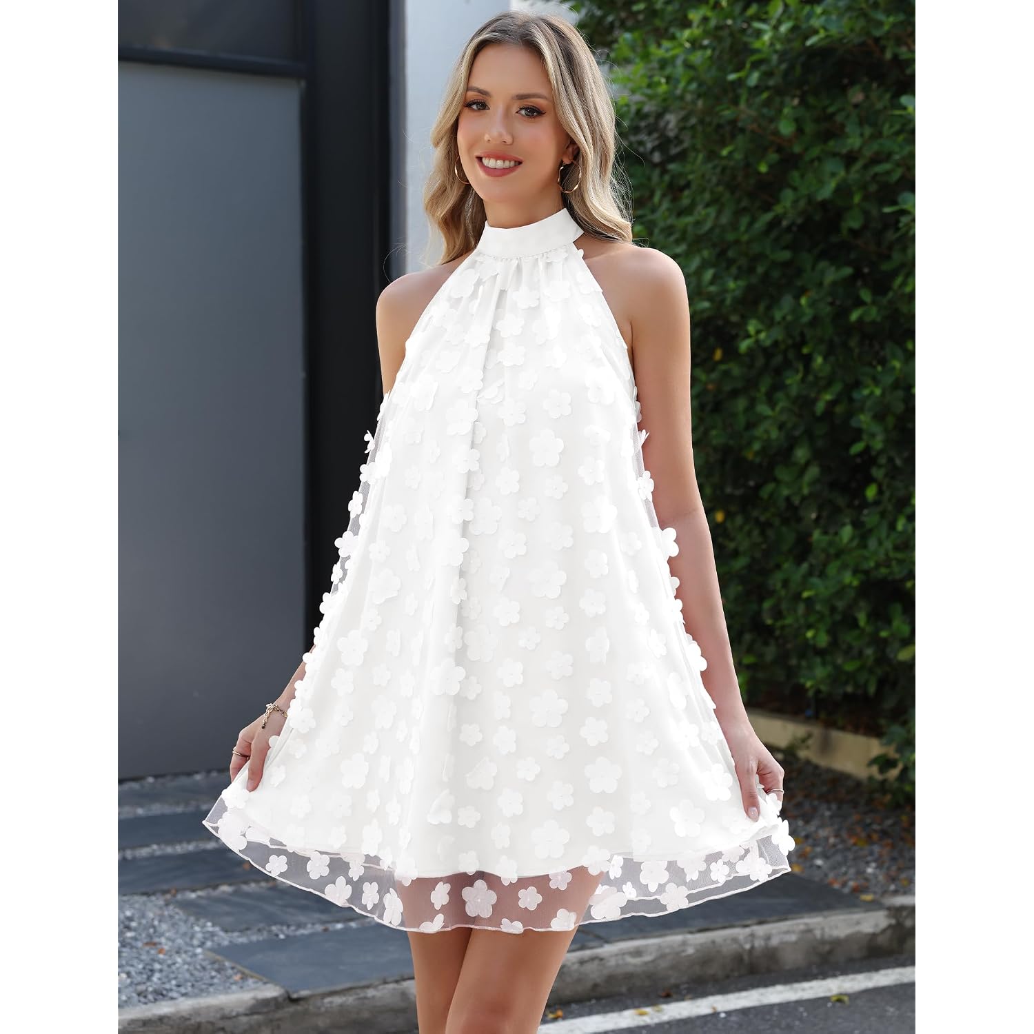 Gleeneat Womens Summer Halter Tulle Floral Bridal Shower Cocktail Wedding Guest Short Dresses A Line Sleeveless Mini Dress