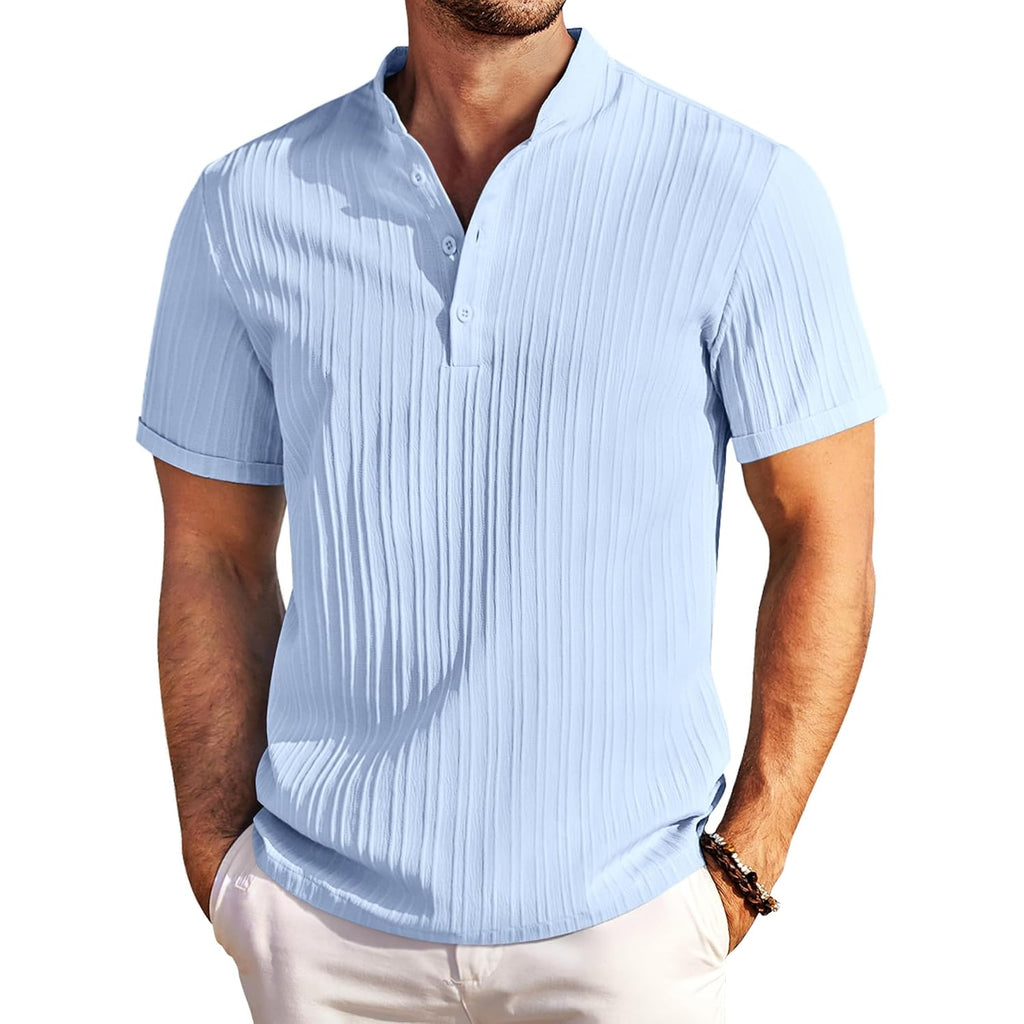 Coofandy Men Casual Henley Tee Shirt Short Sleeve Band Collar Summer Beach Textured T-Shirt