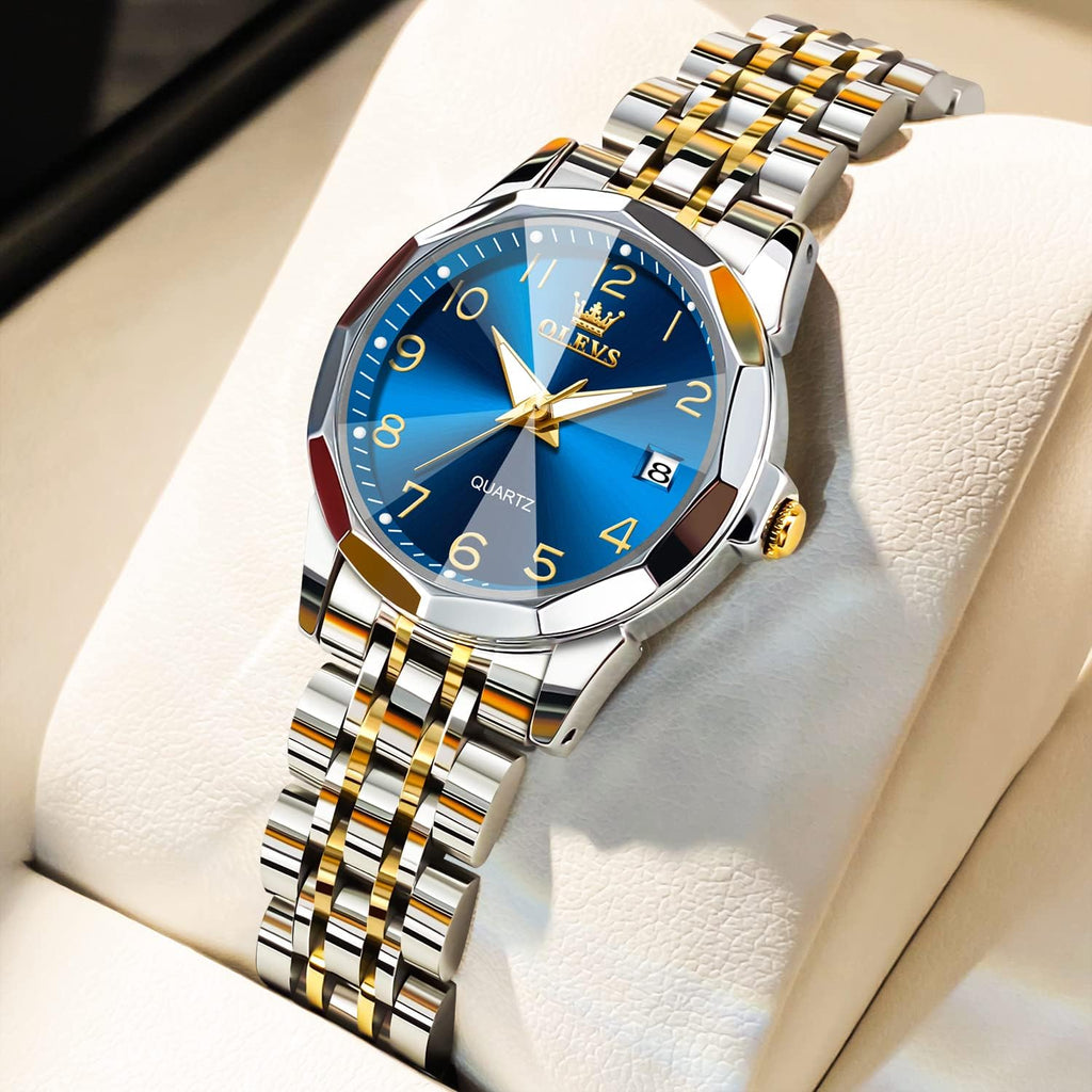 Olevs Womens Watch Fashion Dress Diamond Female Watches For Ladies Analog Quartz Stainless Steel Waterproof Luminous Day Date Two Tone Wristwatch