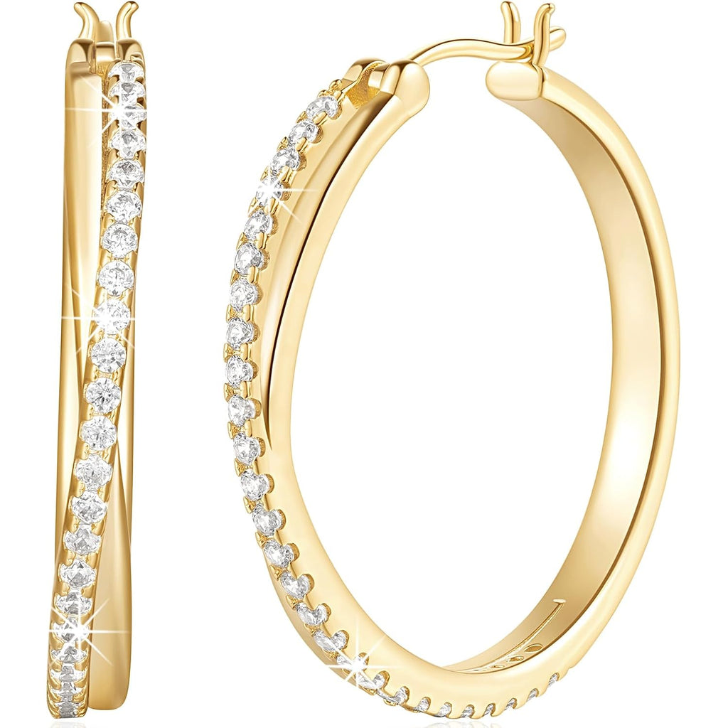 ELEBEST Hoop Earrings 14K Hoop Gold Earrings for Women Thick Large Diamond Hoops Earring Elegant X-shaped Gold Huggie Earring 30mm