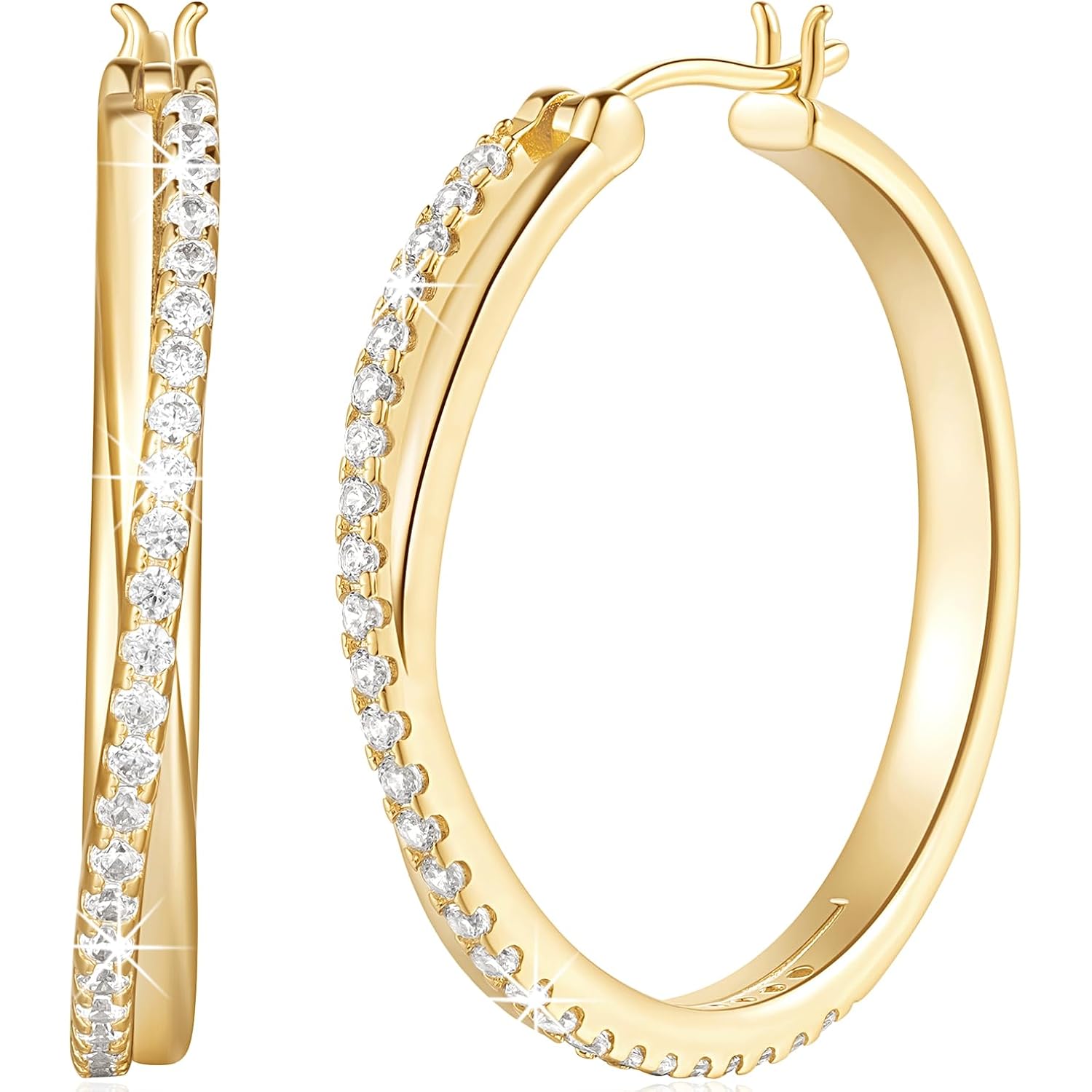ELEBEST Hoop Earrings 14K Hoop Gold Earrings for Women Thick Large Diamond Hoops Earring Elegant X-shaped Gold Huggie Earring 30mm