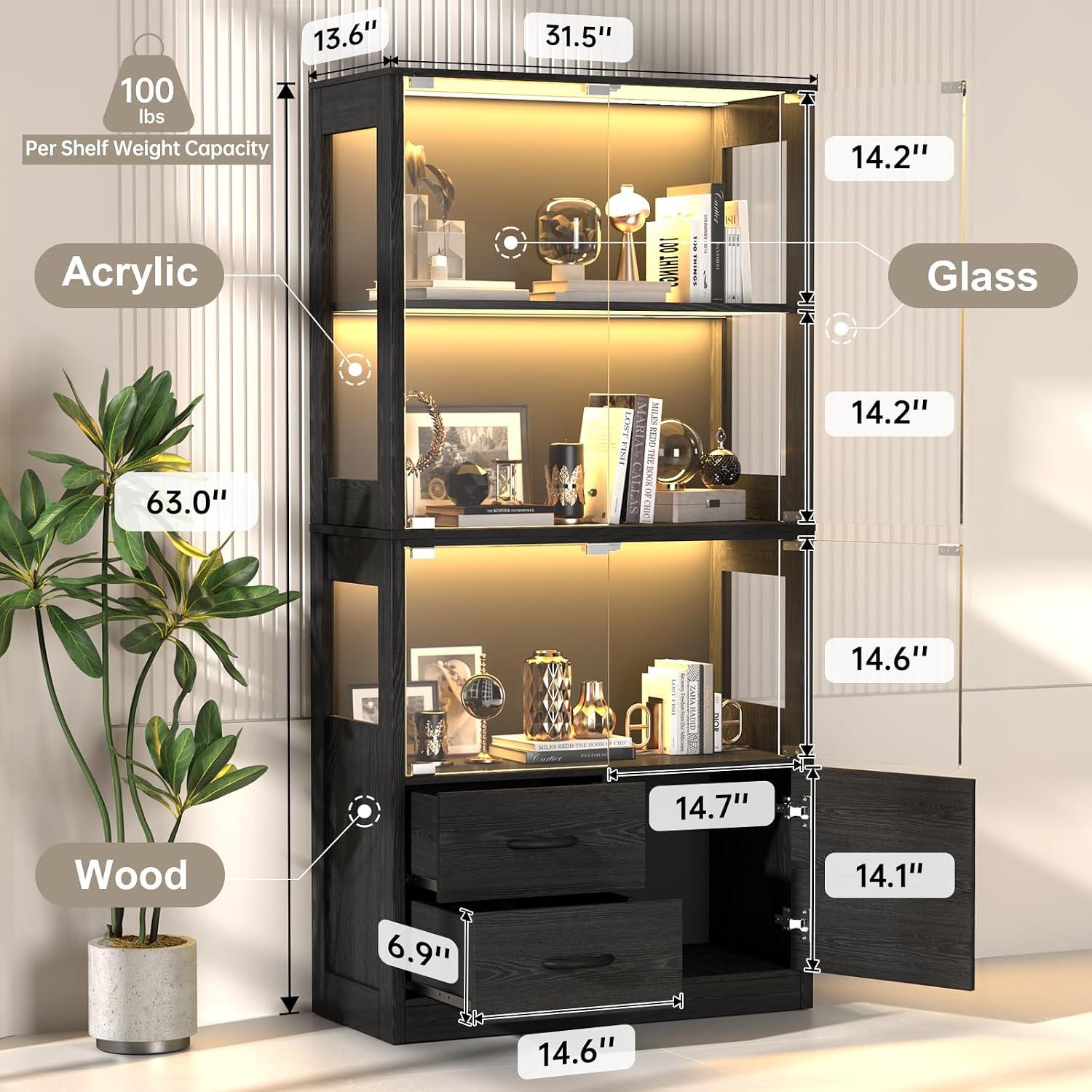 Display Cabinet With Glass Doors And 2 Drawers, 3-Color Lights, Black Oak | 63" Tall Curio Cabinet, 4-Tier Display Case, Human Body Sensor, 3 Shelves & Storage Cabinet, For Collectibles, Living Room