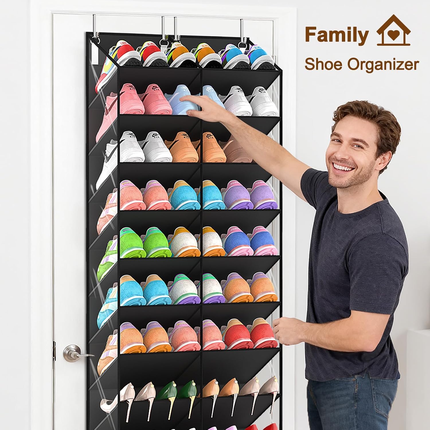 20-30 Pairs Over The Door Shoe Organizer, Clear Pockets Hanging Shoe Storage For Closet, 10-Tier Door Shoes Rack, Handing Shoes Holder Fit All The Family'S Sneakers, Boots, Heels, Black