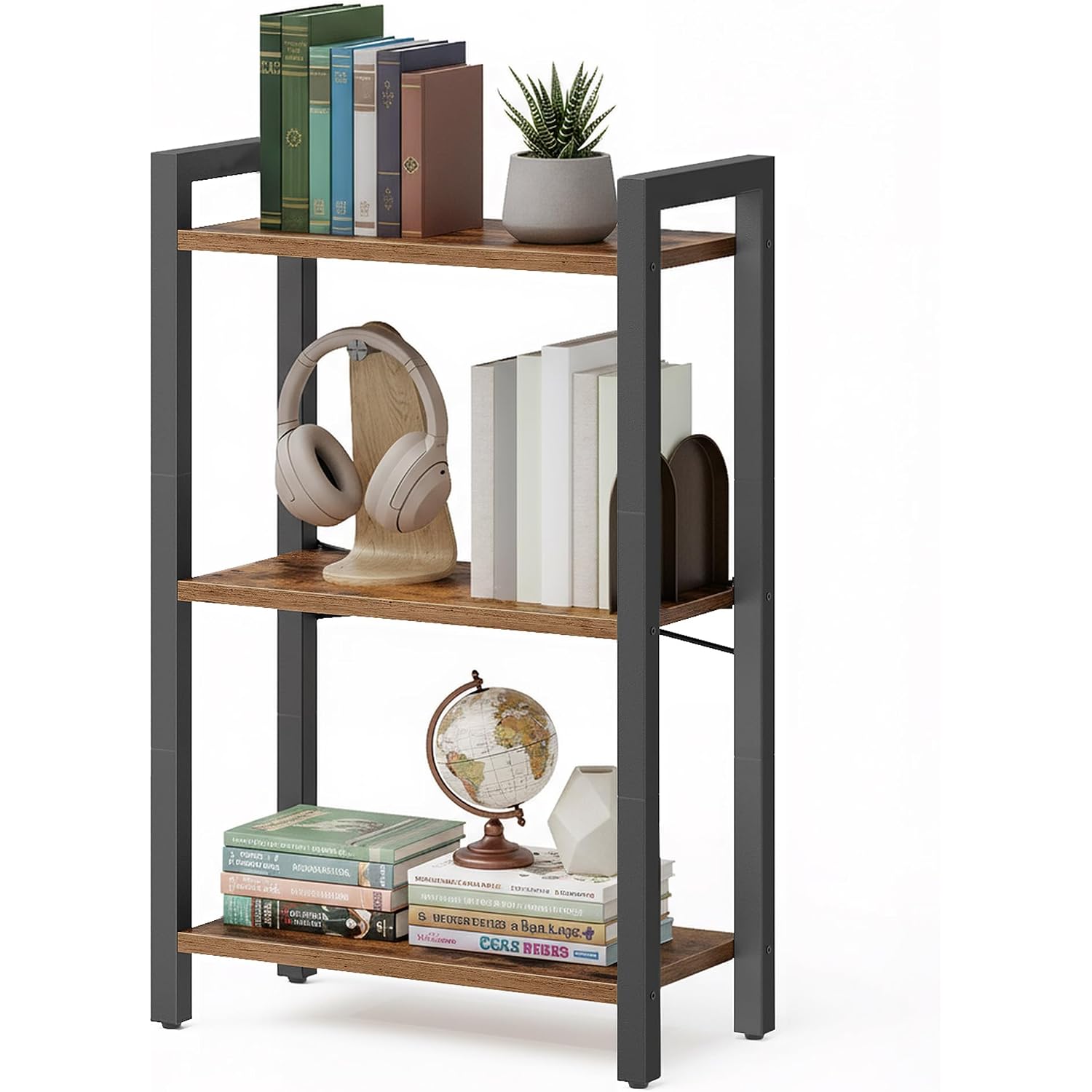 Vasagle 3-Tier Bookshelf, Bookcase With Steel Frame, Book Shelf For Living Room, Home Office, Study, 9.4 X 15.7 X 30.1 Inches, Industrial Style, Rustic Brown And Ink Black Ulls098K02