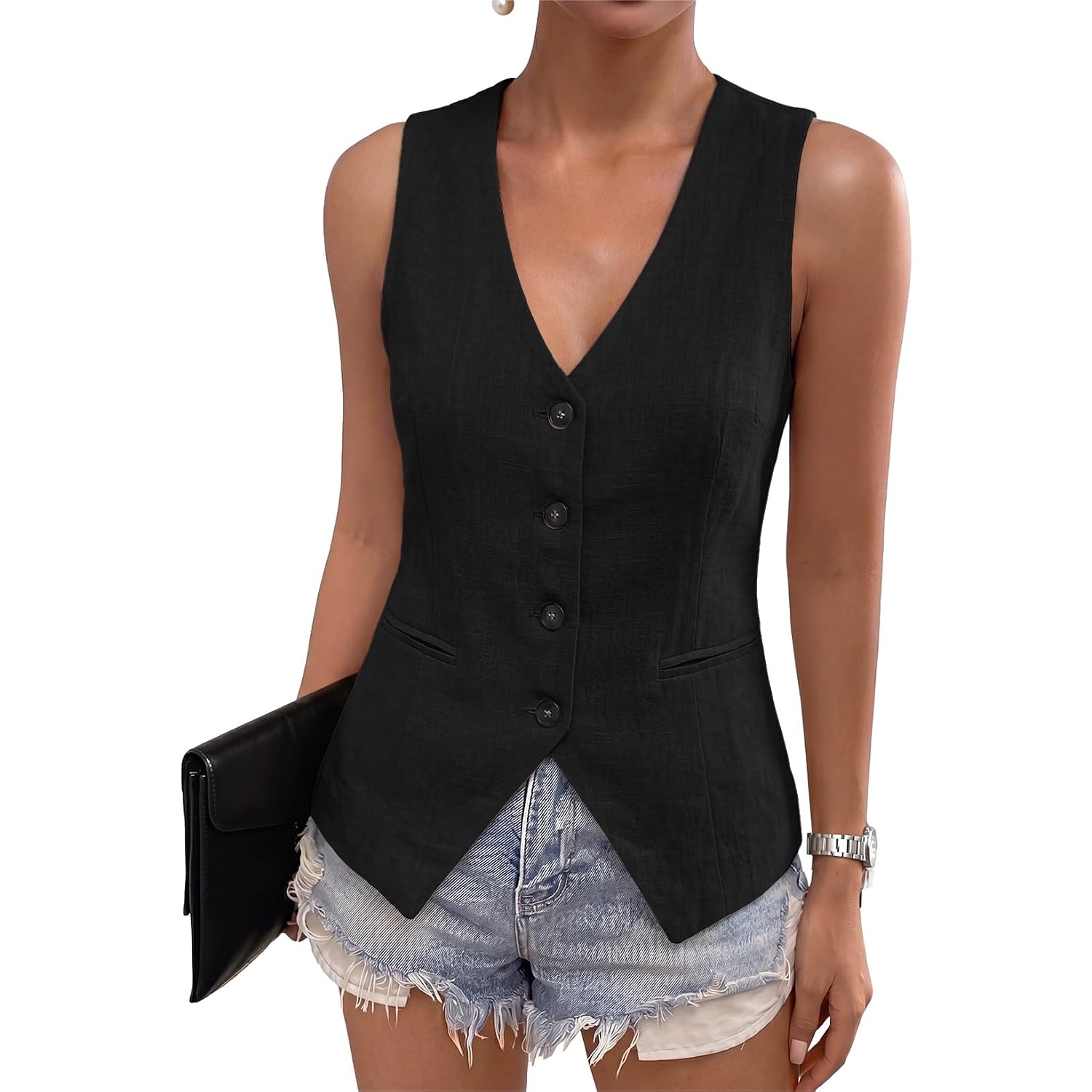 Dokotoo Womens Vest Dressy Casual V-Neck Button-Down Lined Suit Jacket Waistcoat Versatile Vests