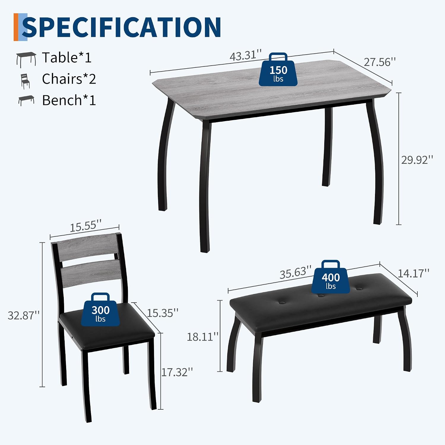 Idealhouse 43'' Dining Table Set For 4, Wooden Kitchen Table With Upholstered Bench & 2 Cushion Chairs, Industrial Dinette Set For Studio, Kitchen, Dining Room, Apartment, Gray