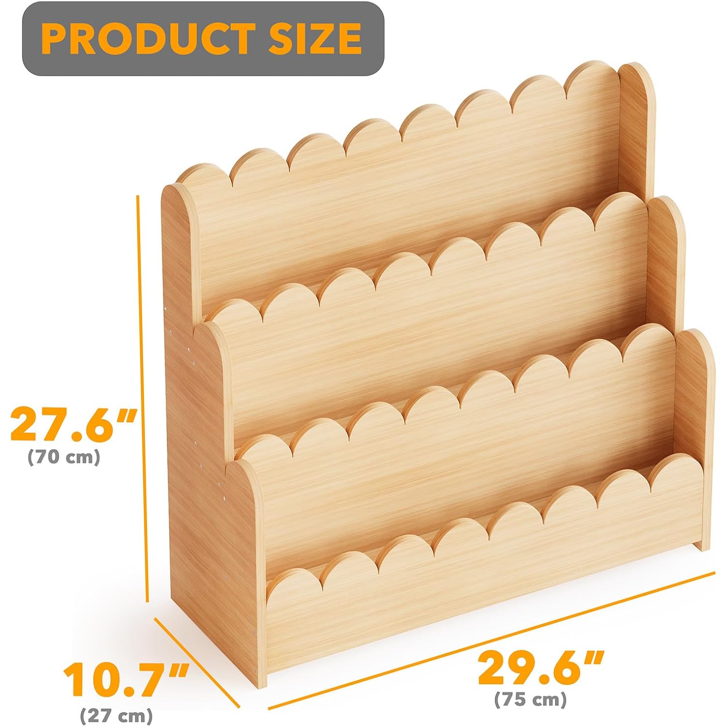 Spaceaid 3-Tier Scalloped Bookshelf, Montessori Bookcase For Toddlers, Wooden Book Shelf Organizer Display Furniture For Kids Rooms, Playroom, Nursery And Classroom, Natural