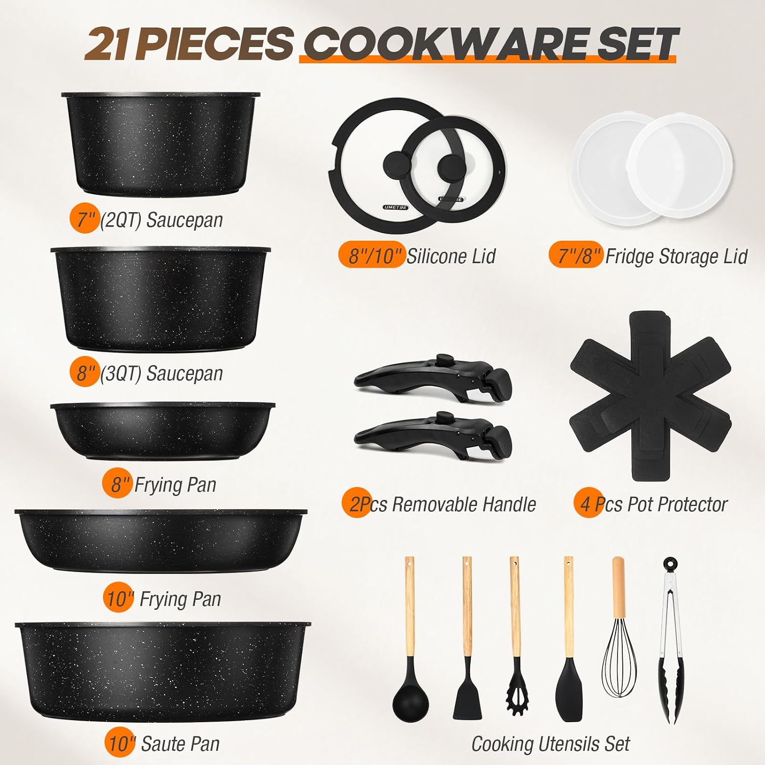 Pots And Pans Set, Nonstick Cookware Set Detachable Handle, Induction Kitchen Cookware Sets With Removable Handle, Non Stick Rv Cookware Set, Dishwasher ＆ Oven Safe (21 Pcs)