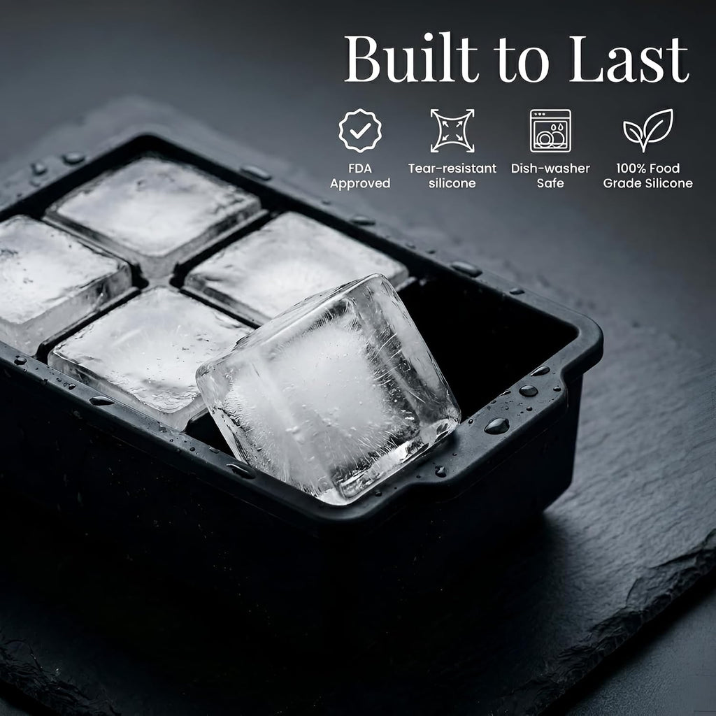 Kitchfort® Large Silicone Ice Cube Tray (2-Pack), Easy Release 2" Big Ice Cubes - Cocktail, Whiskey Ice Cubes Mold - Ice Trays For Freezer With Lid - Stackable Silicone Ice Tray - Black