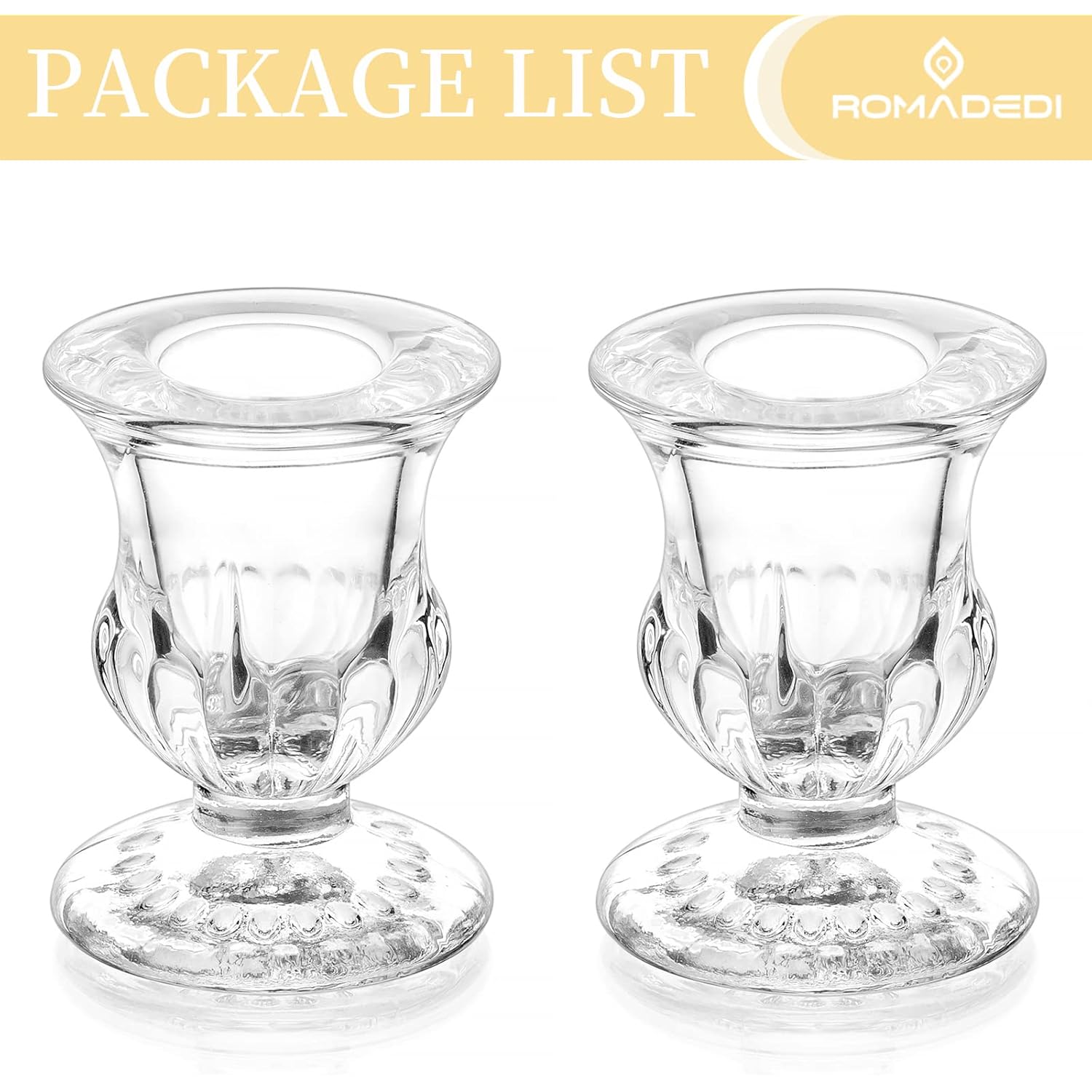Romadedi Glass Taper Candle Holders - Clear Small Candlestick Holder Bulk, Thicker Glass Candle Sticks Set for Wedding Christmas Party Dining Table Table Centerpiece Decor, 2Pcs