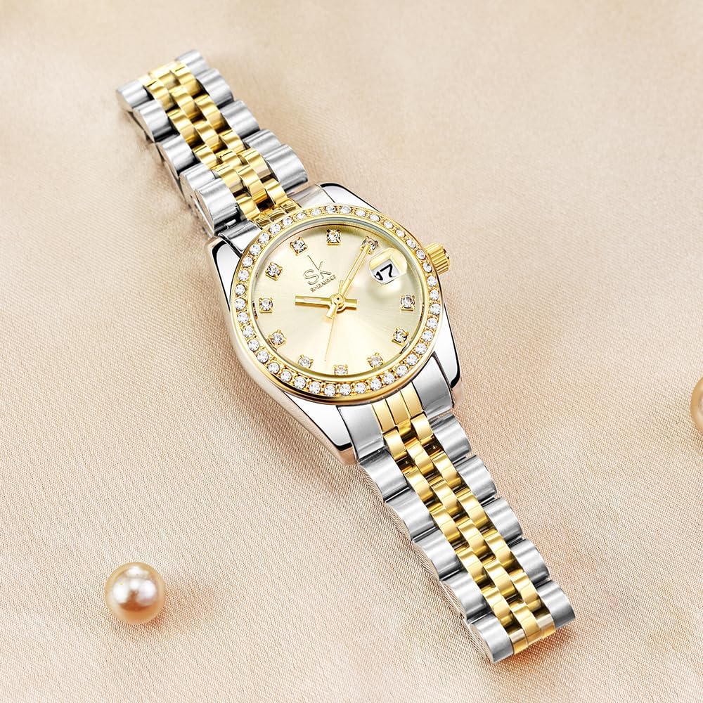 Shengke Women'S Crystal Accented With Solid Alloy Steel Band Watch Elegant Dress Quartz Calendar Watches For Women