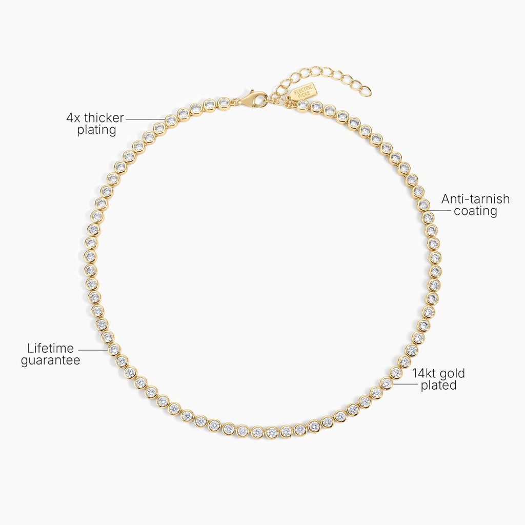 Electric Picks Bezel Tennis Necklace for Women, 14k Gold Plated Bezel-Set Stone Chain Necklace, Dainty Sparkle Layering Jewelry, Elegant Statement Necklace Gift