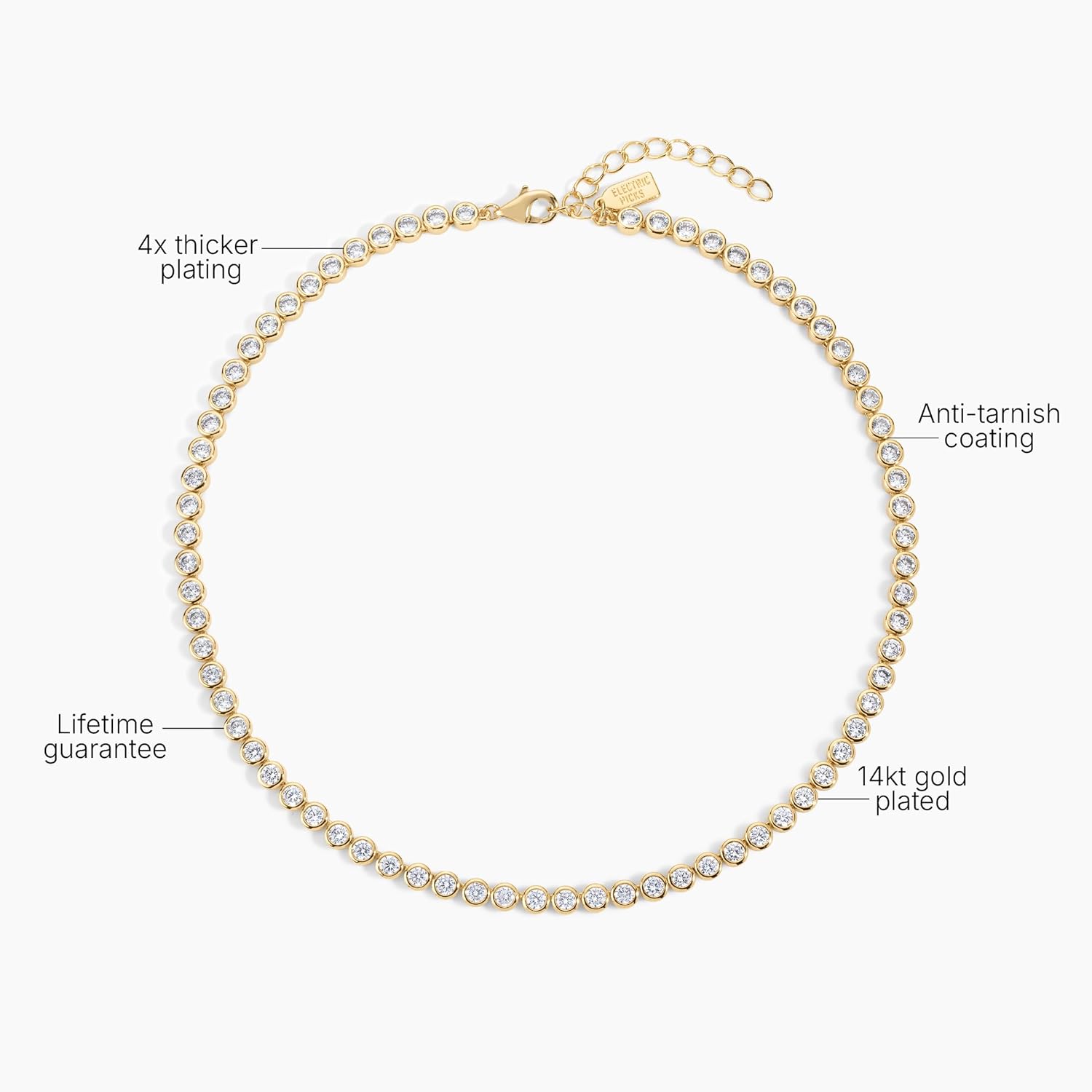 Electric Picks Bezel Tennis Necklace for Women, 14k Gold Plated Bezel-Set Stone Chain Necklace, Dainty Sparkle Layering Jewelry, Elegant Statement Necklace Gift