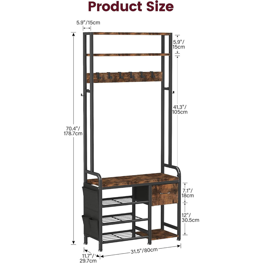 Homeiju Hall Tree With Bench And Shoe Storage, 3-In-1 Entryway Organizer With 6+2 Hooks, Coat Rack With Adjustable Feet For Stability, Mudroom Furniture With Storage Shelf