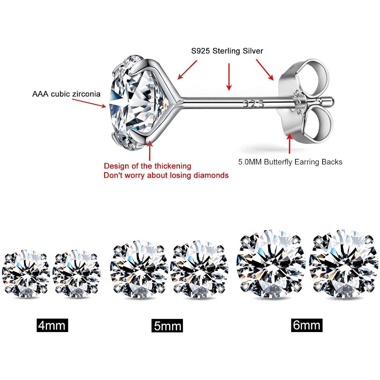 925 Sterling Silver Earrings, Cubic Zirconia Stud Earrings, Diamond Stud Earrings for Women
