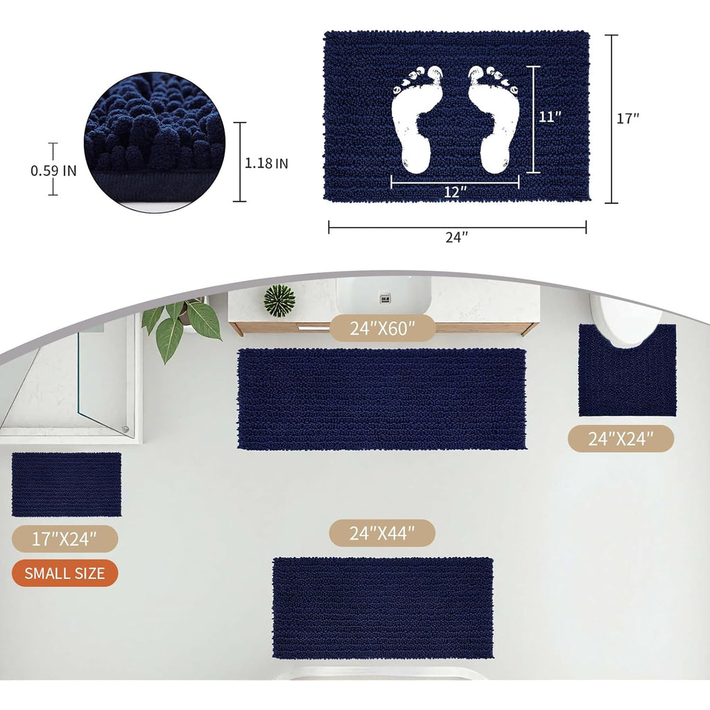 Disolla Small Bath Mat 17x24 Inch - Chenille Navy Blue Bathroom Rug, Extra Soft Absorbent Plush Shaggy Bathmat, Non-Slip Machine Washable Floor Mat for Shower, Tub and Sink