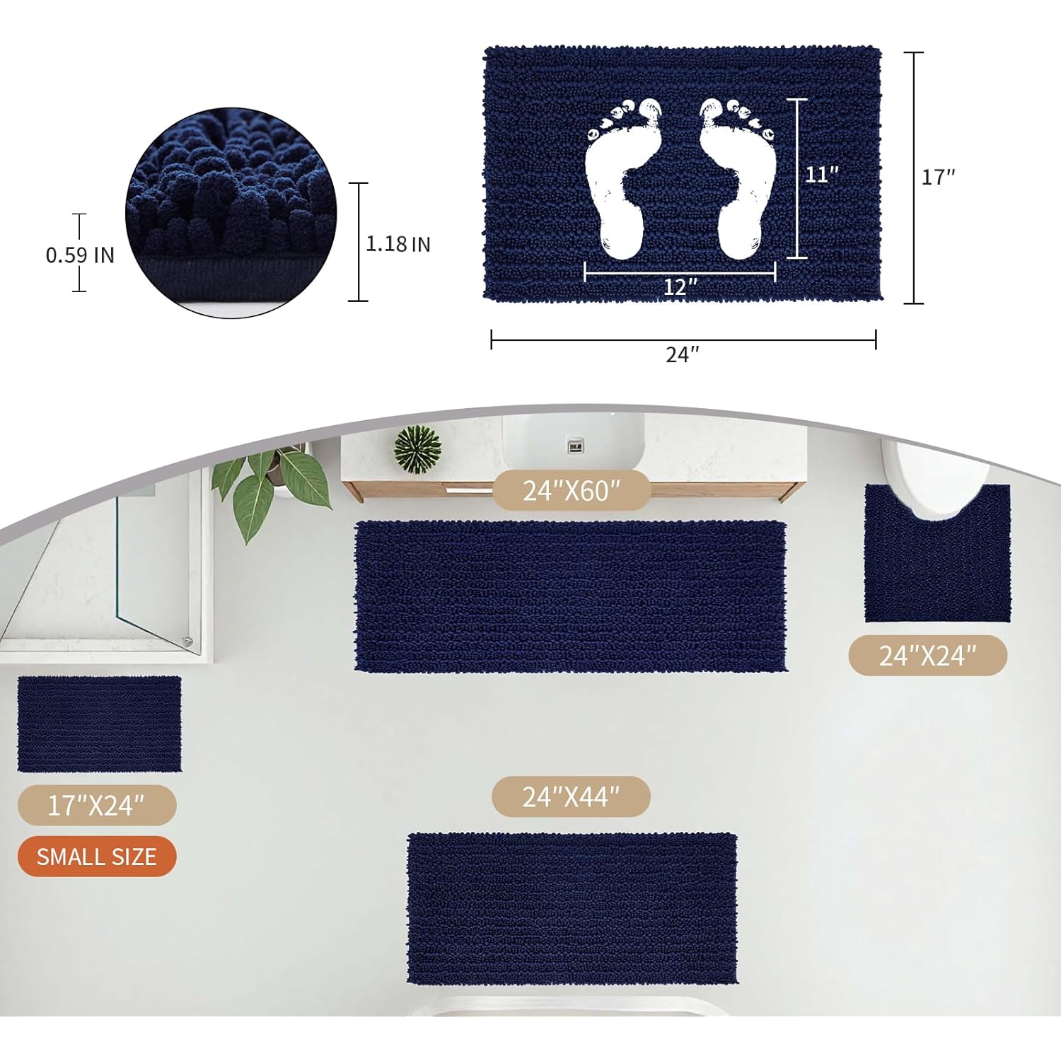 Disolla Small Bath Mat 17x24 Inch - Chenille Navy Blue Bathroom Rug, Extra Soft Absorbent Plush Shaggy Bathmat, Non-Slip Machine Washable Floor Mat for Shower, Tub and Sink