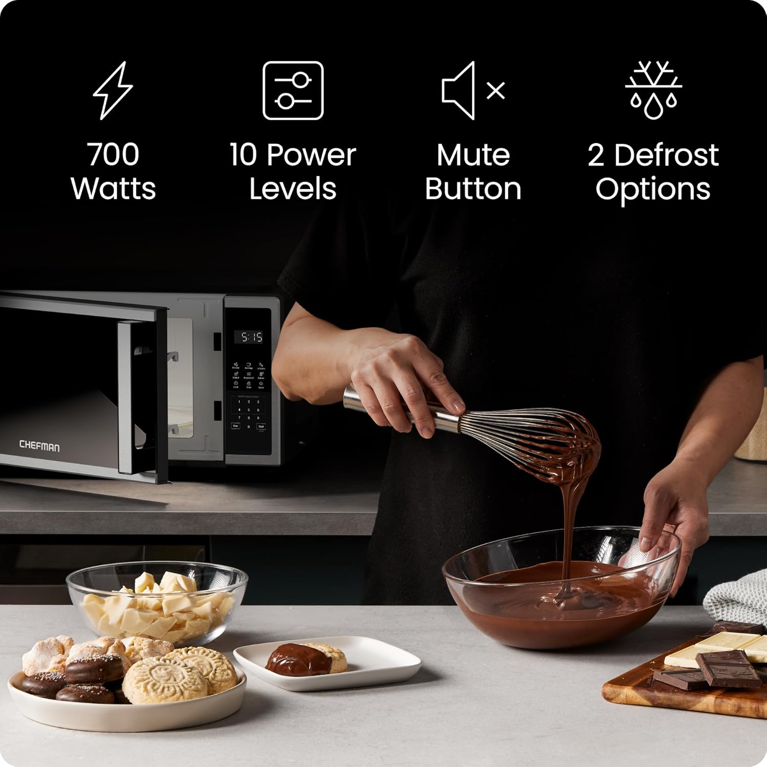 Chefman Compact Countertop Microwave Oven 0.7 Cu. Ft., 700W with 10 Power Levels, 3 Cooking Presets with One-Touch Express Cook, 2 Defrost Settings, Child Safety Lock, & Mute Button – Stainless Steel
