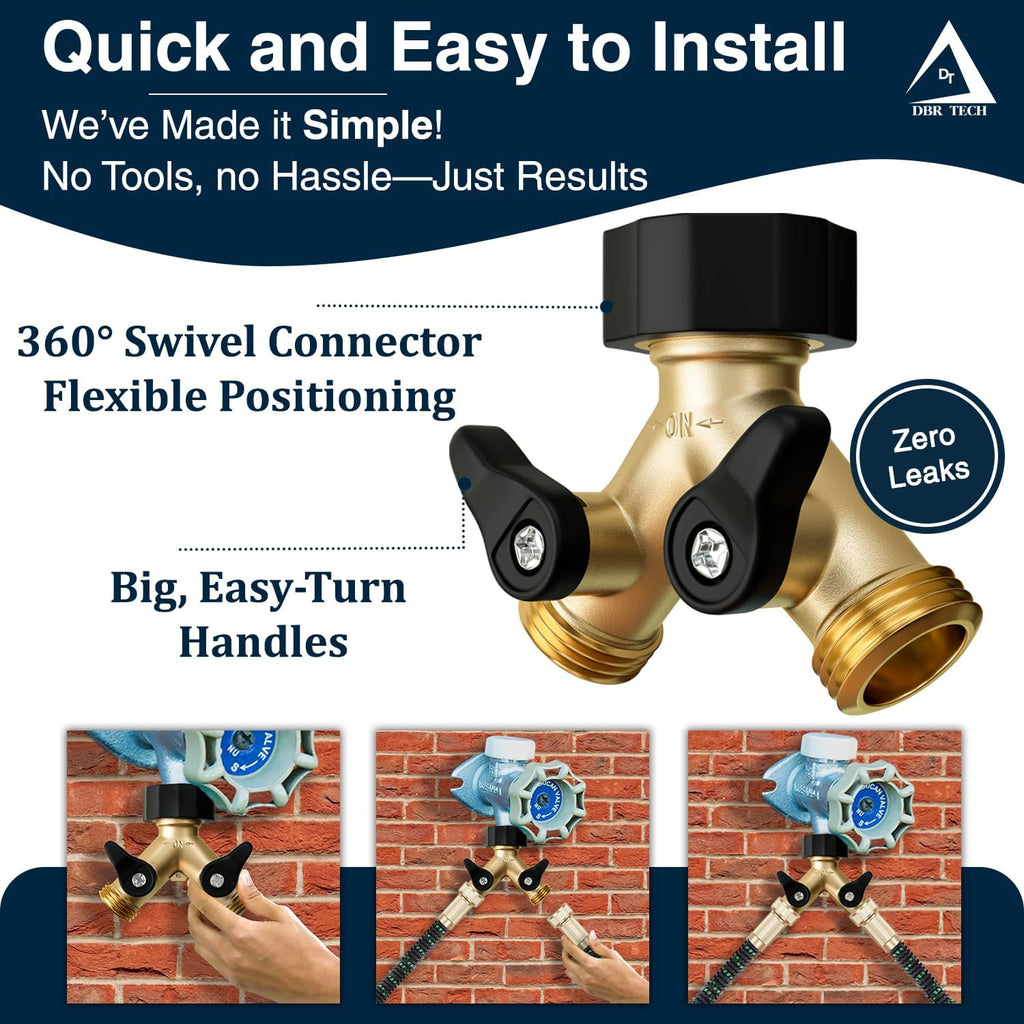 Dbr Tech® Heavy Duty 2 Way Hose Splitter (Premium Brass For Superior Durability), Wye Garden Hoses Connector For Water Spigot Faucet Bib Tap, Double Shut Off Valve, Y Adapter, Rust-Resistant Finish