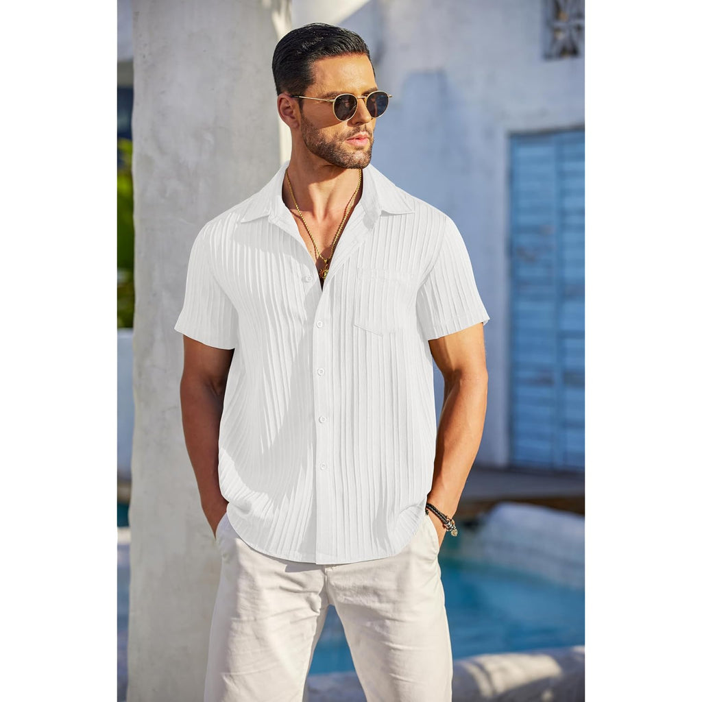 Coofandy Men'S Casual Button Down Shirts Short Sleeve Textured Summer Beach Shirt With Pocket