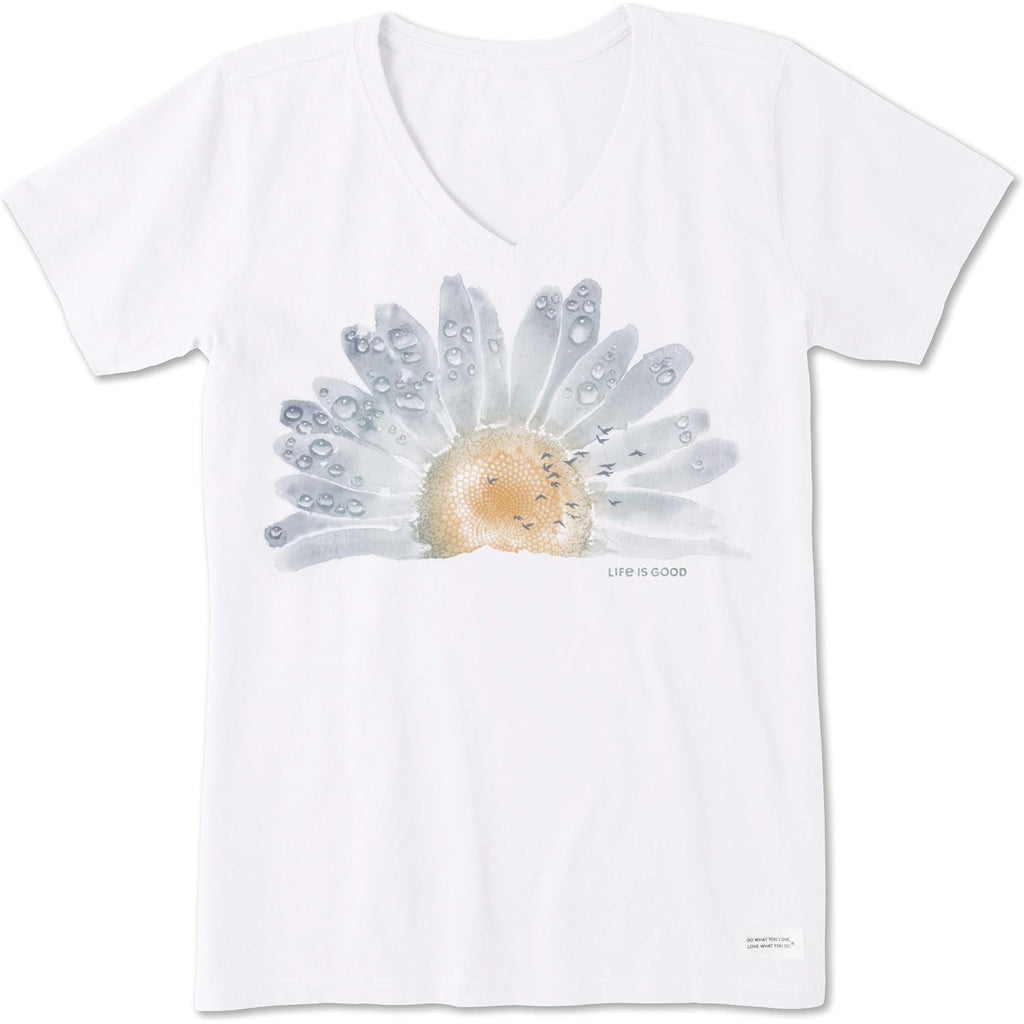 Life is Good Women's Crusher Tee Shirt, Short Sleeve Cotton Graphic T-Shirts, Watercolor Daisy Birds Cloud White