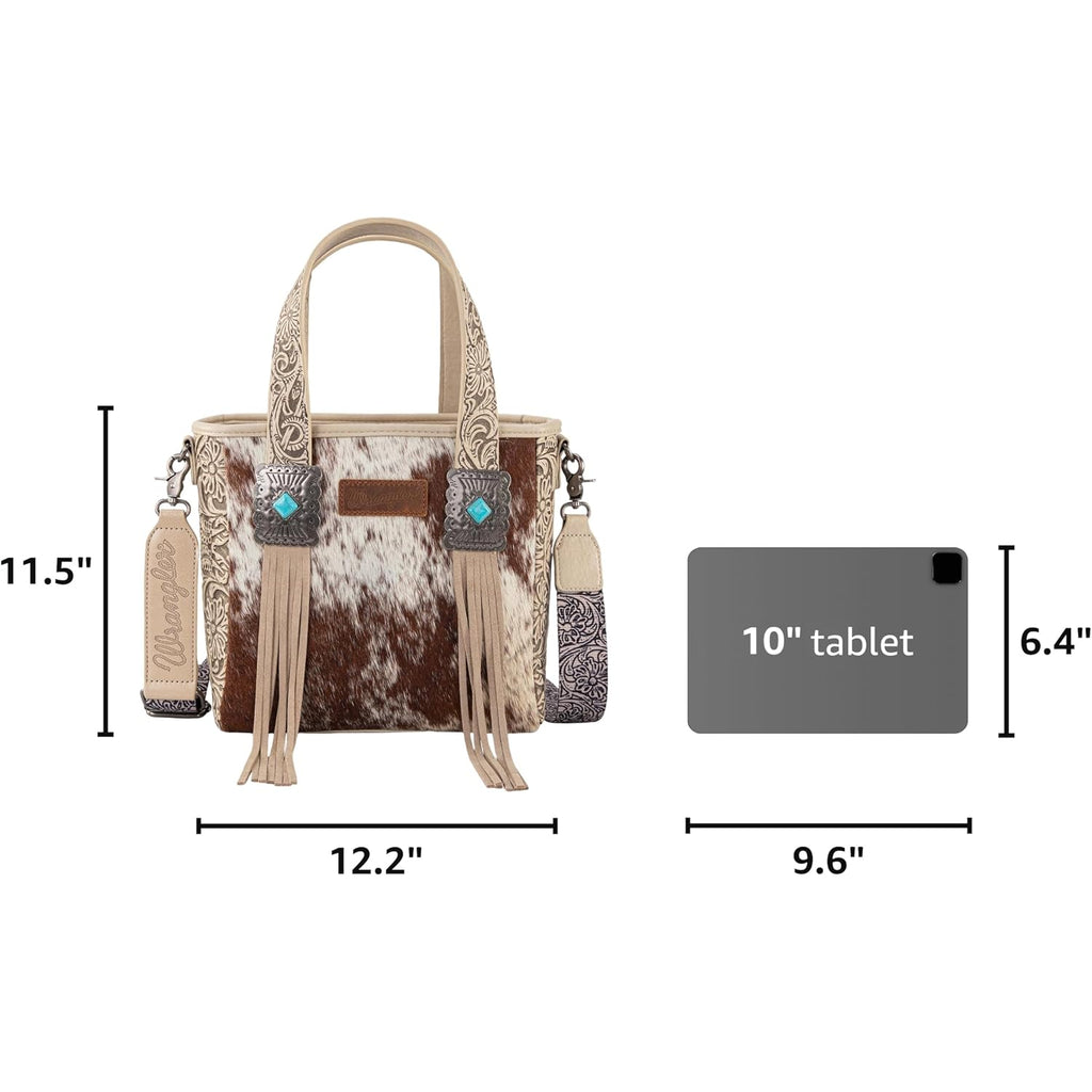 Montana West Wrangler Cowhide Tote Bag For Women Western Tooling Handbag Leather Fringing With Turquoise Stone Concho