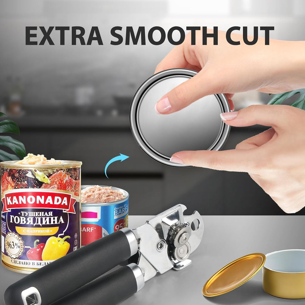 Can Opener Manual, Heavy Duty Handheld Strong Can Opener With Soft Touch Handle, Sharp Blade Smooth Edge, Can Openers With Multifunctional Bottle Opener, Black