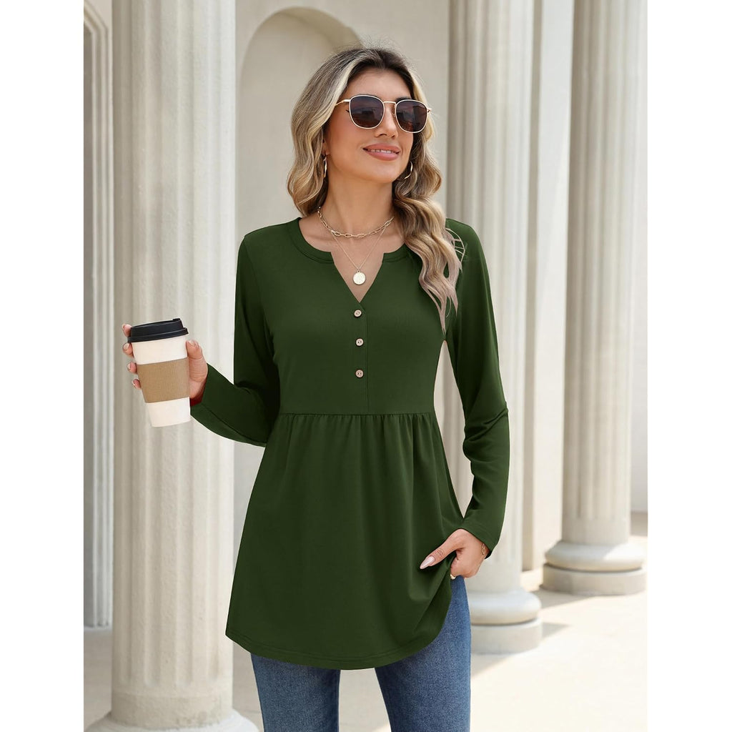 Zeagoo Women Blouses Long Sleeve Shirts Boho Henley V Neck Tops Business Casual Loose Pleated Fashion Clothing