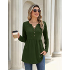 Zeagoo Women Blouses Long Sleeve Shirts Boho Henley V Neck Tops Business Casual Loose Pleated Fashion Clothing
