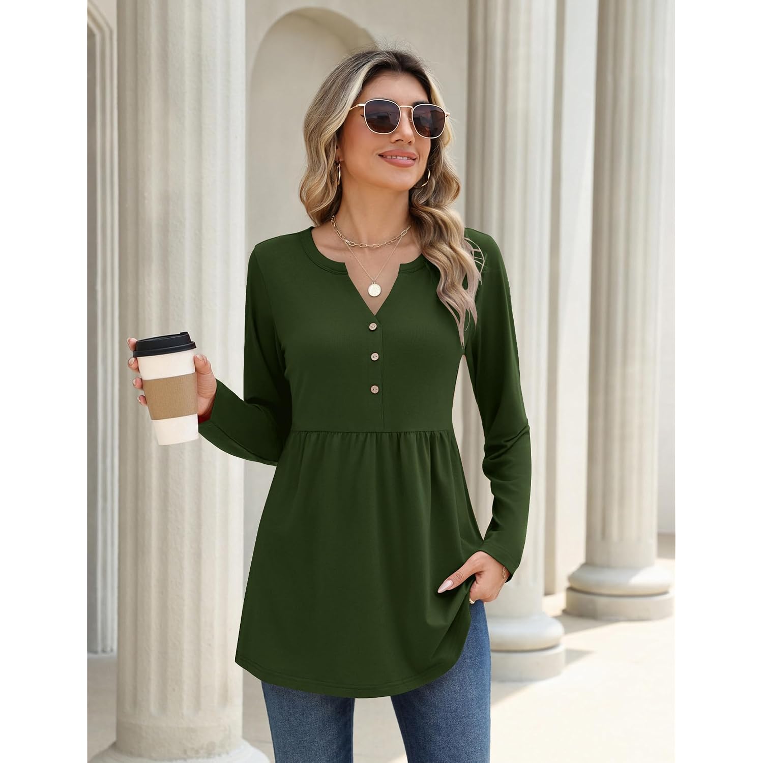 Zeagoo Women Blouses Long Sleeve Shirts Boho Henley V Neck Tops Business Casual Loose Pleated Fashion Clothing