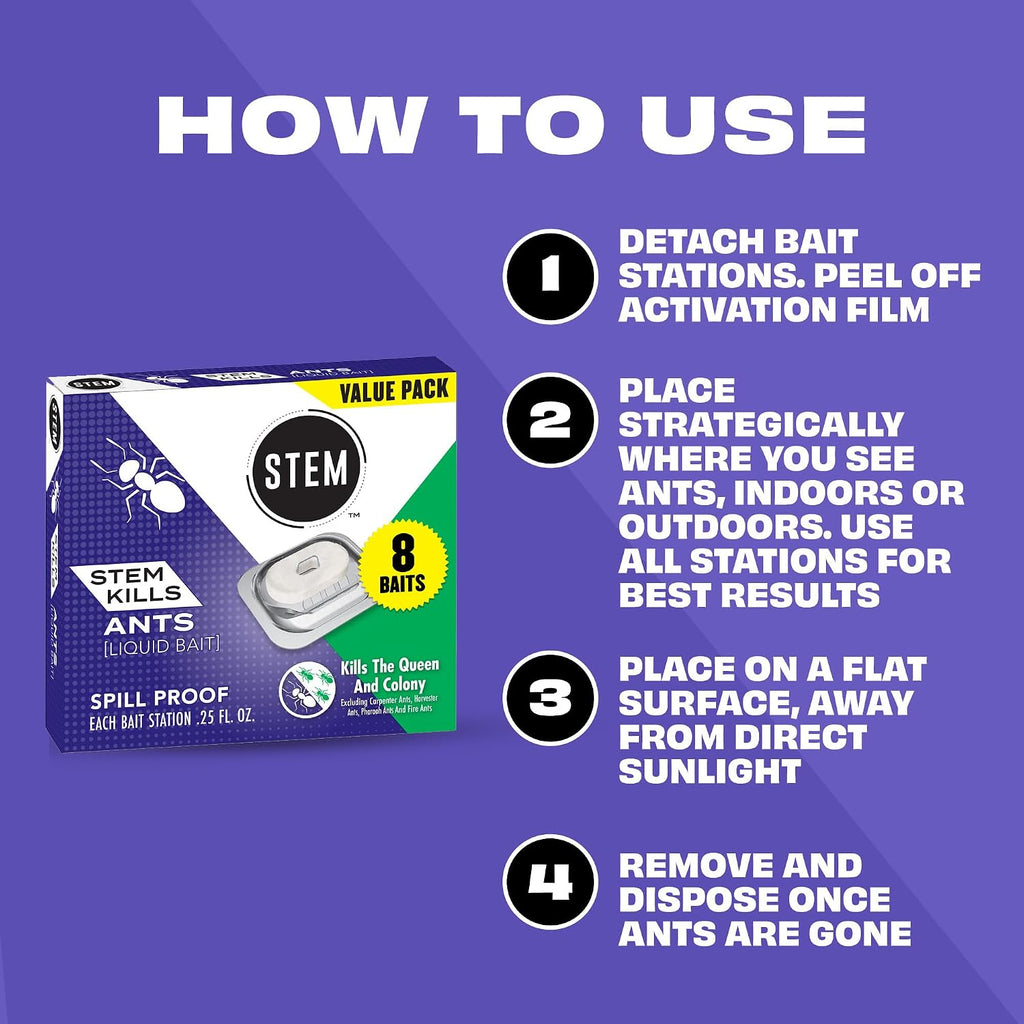 Stem Liquid Ant Baits, Kills The Queen And Colony, For Indoor Use, 8 Spill Proof Bait Stations