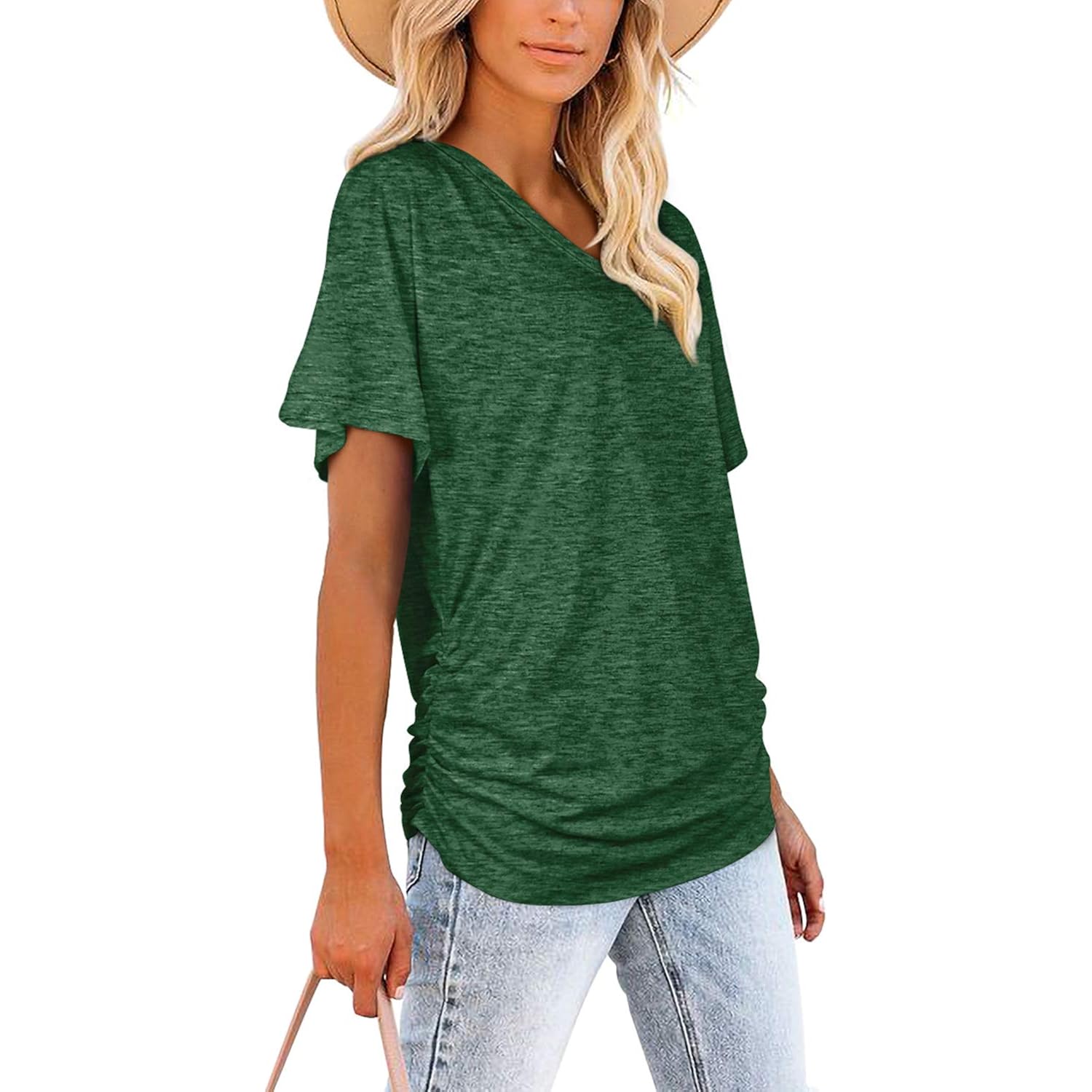 Womens Summer T-Shirts Short Sleeve V Neck Dolman Tops with Side Shirring Loose Fit Shirts Spring Fashion