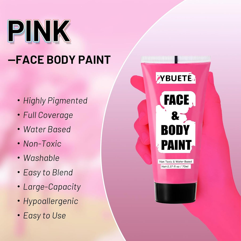 Ybuete Pink Water Based Face Body Paint, 2.37 Oz Large Tube Full Coverage Face Paint For Skull Clown Cosplay, Washable Pink Body Painting Cream For Adult Carnival Party Halloween Sfx Makeup
