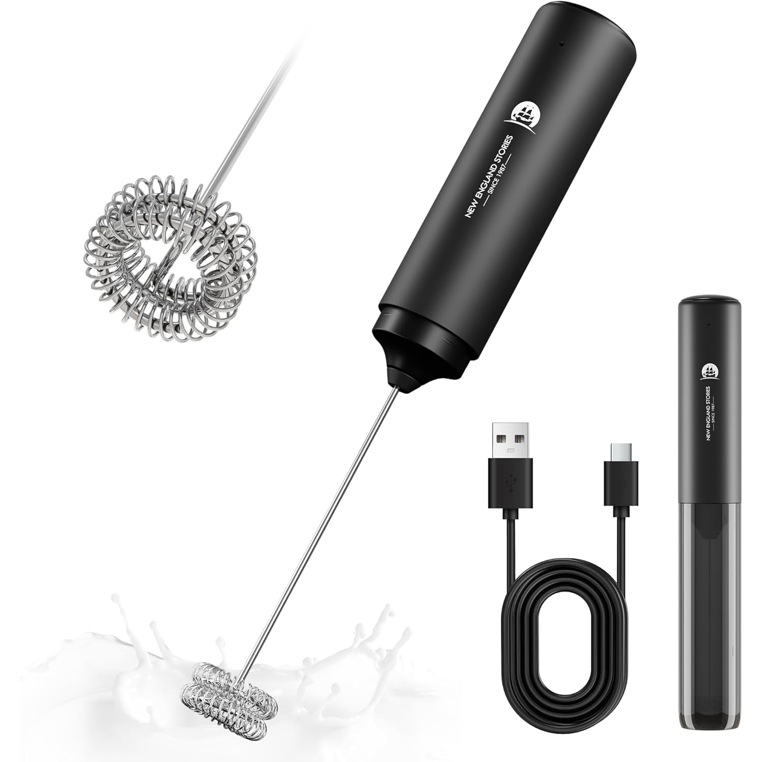 Rechargeable Milk Frother Handheld, 2-IN-1 Dual Spring Whisk Electric Frother Wand for Cappuccino Latte Macchiato, Portable Drink Mixer for Coffee, Matcha, Hot Chocolate