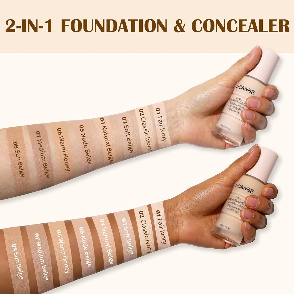 UCANBE 2-IN-1 Foundation + Concealer, Full Coverage Long-Lasting Matte Makeup for Normal, Combination and Oily Skin, Buildable Waterproof Formula with Hyaluronic Acid （01 Fair Ivory）
