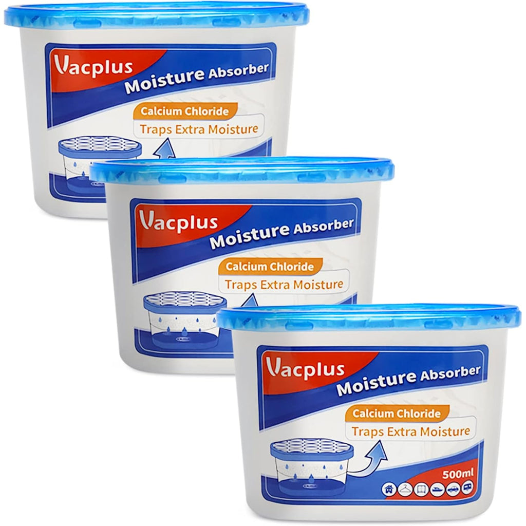 Vacplus Moisture Absorber, 3 Pack, Strong Absorption, Fragrance Free | Closet, Bathroom, Kitchen, Study, Odor Eliminator, Dehumidifier Bucket