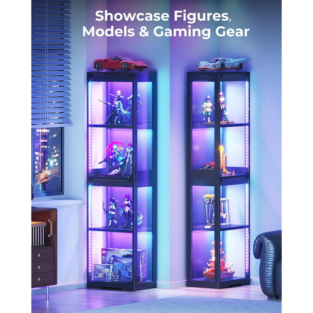 Aodk Display Cabinet With Glass Doors, Glass Display Case With Rgb Led Light, Corner Display Shelf For Collectibles, Black Curio Cabinet For Showcase, Bookcase