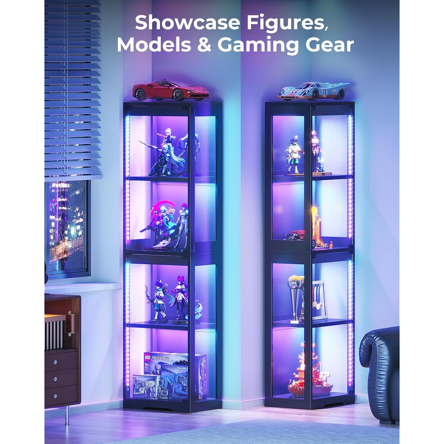 Aodk Display Cabinet With Glass Doors, Glass Display Case With Rgb Led Light, Corner Display Shelf For Collectibles, Black Curio Cabinet For Showcase, Bookcase
