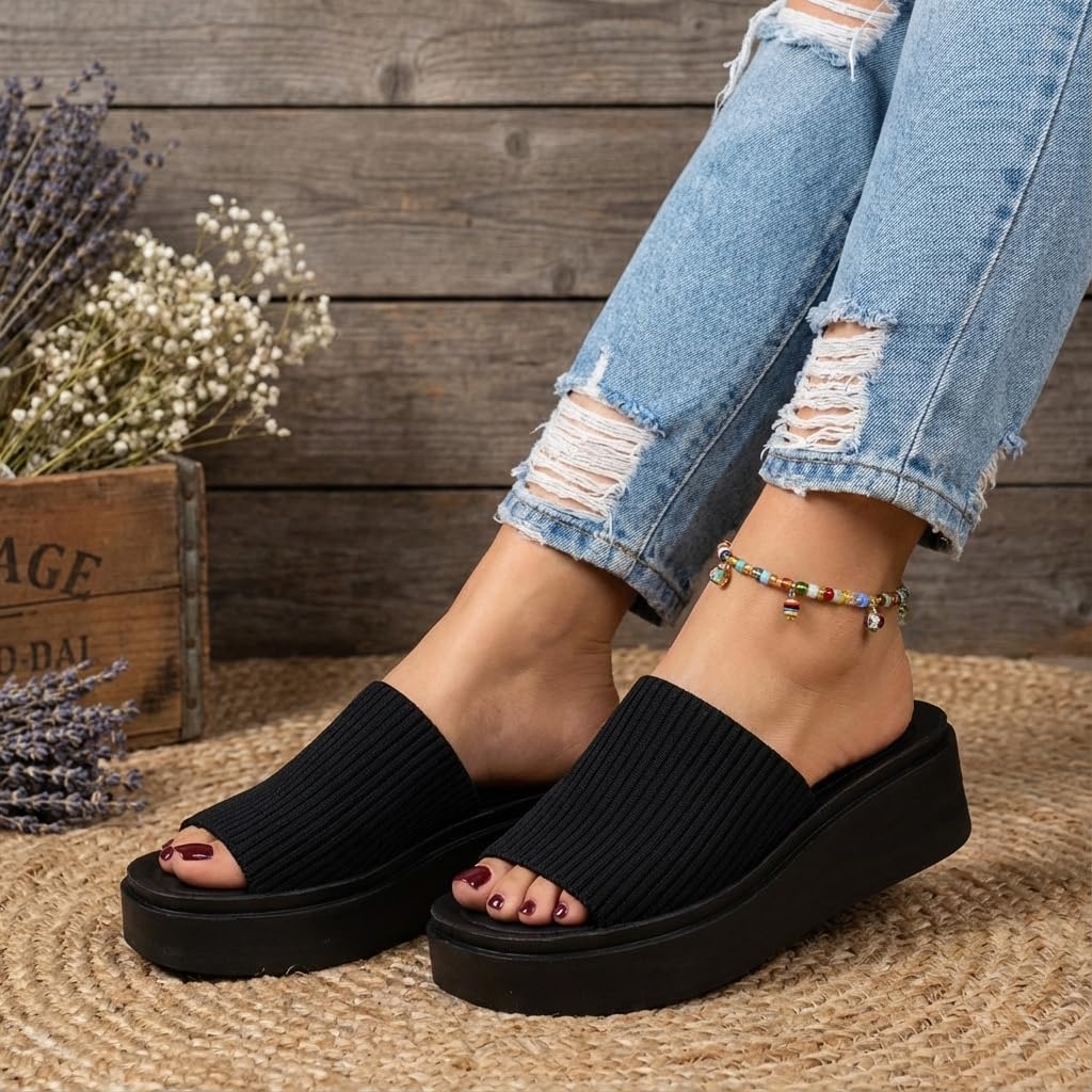 Cushionaire Pim Wedge Chunky Platform Womens Sandals With Firm Knit Upper & Memory Foam Summer Sandals For Women