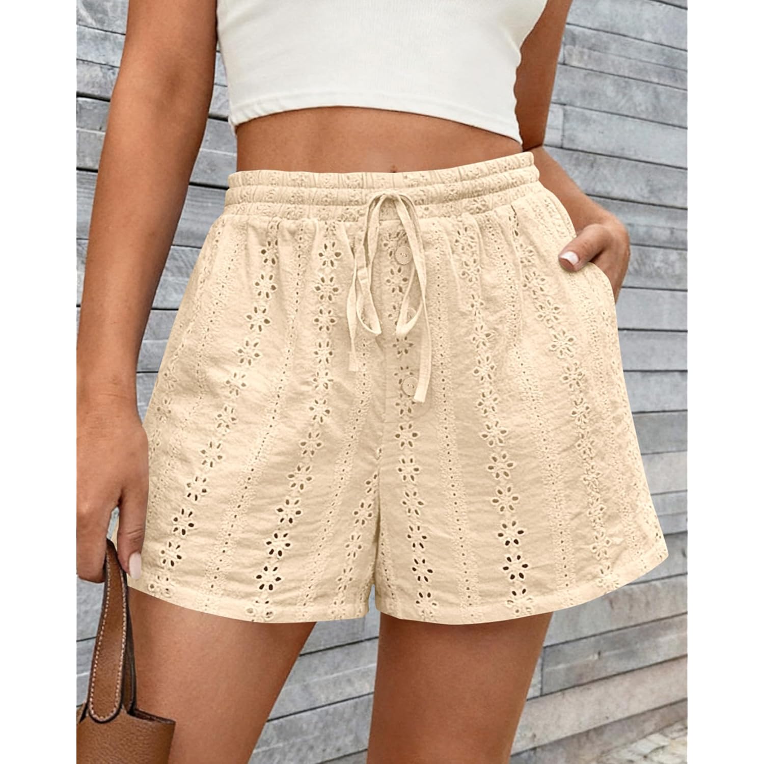 Lace Shorts for Women Summer Cute Boho Eyelet Elastic Waist Drawstring Casual Lounge Shorts Beach Vacation Outfits