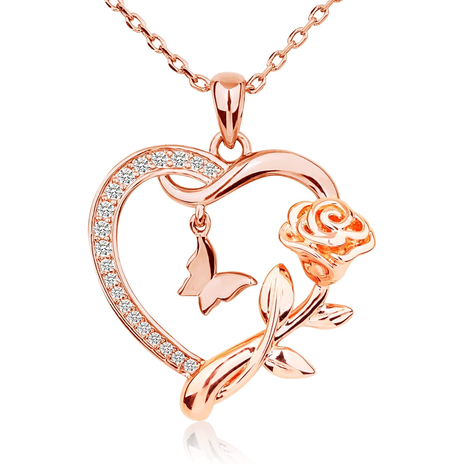 Heart Necklace for Women Sterling Silver/14k Gold Plated/Rose Gold CZ Romantic Rose and Butterfly Jewelry for women Birthday Valentine's Day Gift for Girls