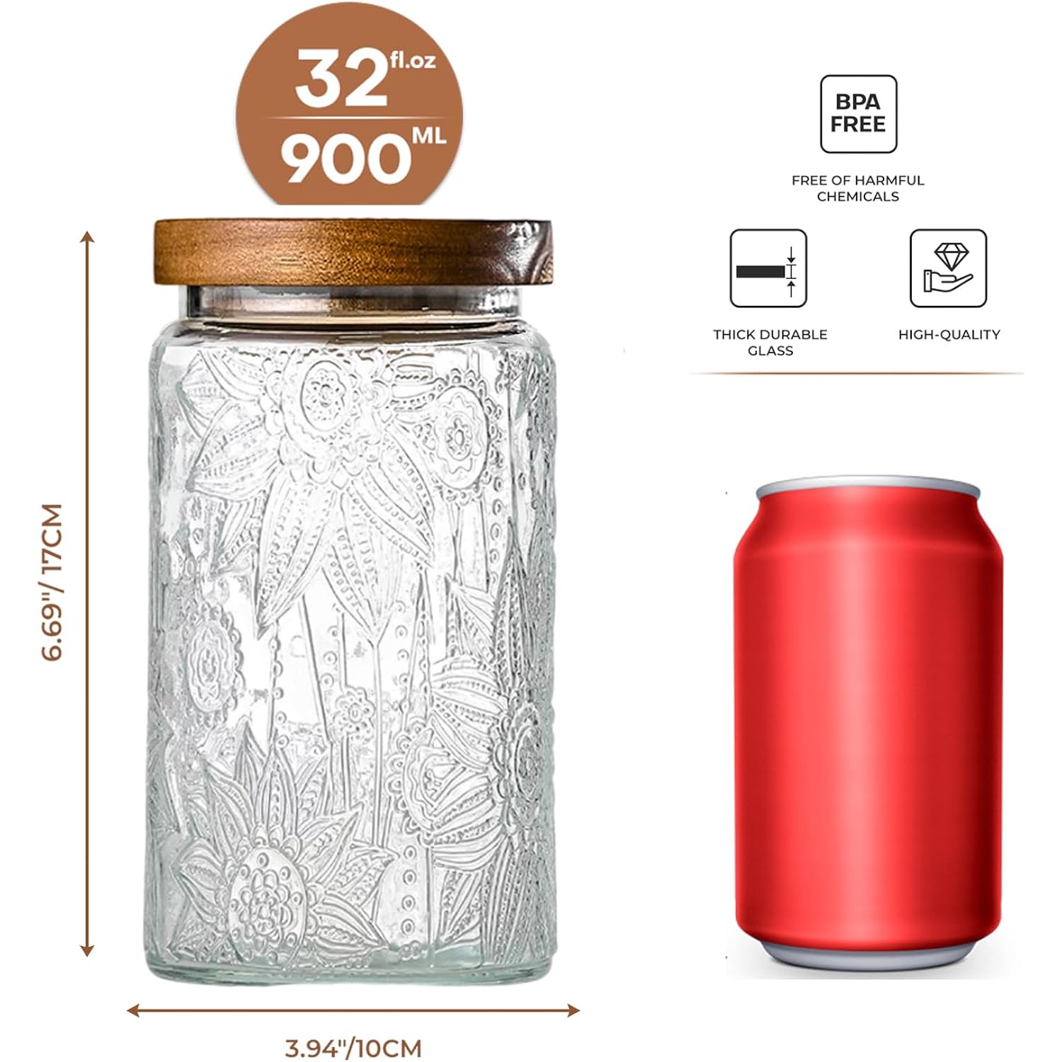 Adodeen 32oz Vintage Glass Jars With Lids, Airtight Food Storage Containers, Kitchen Canisters For Sugar, Coffee, Tea, Spice, Flour, Candy Cookie, Pasta, Cereal, Cute Decorative Jars