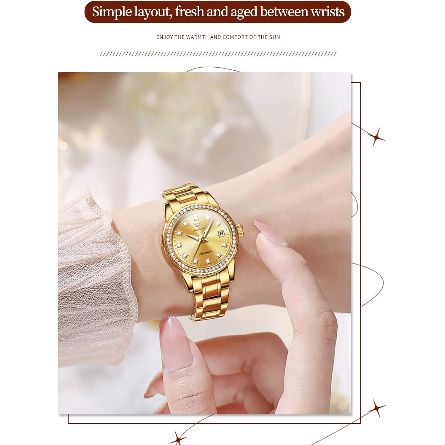 Olevs Womens Diamond Watches Automatic Mechanical Gold Luxury Dress Ladies Self Winding Original Stainless Steel Wrist Watch