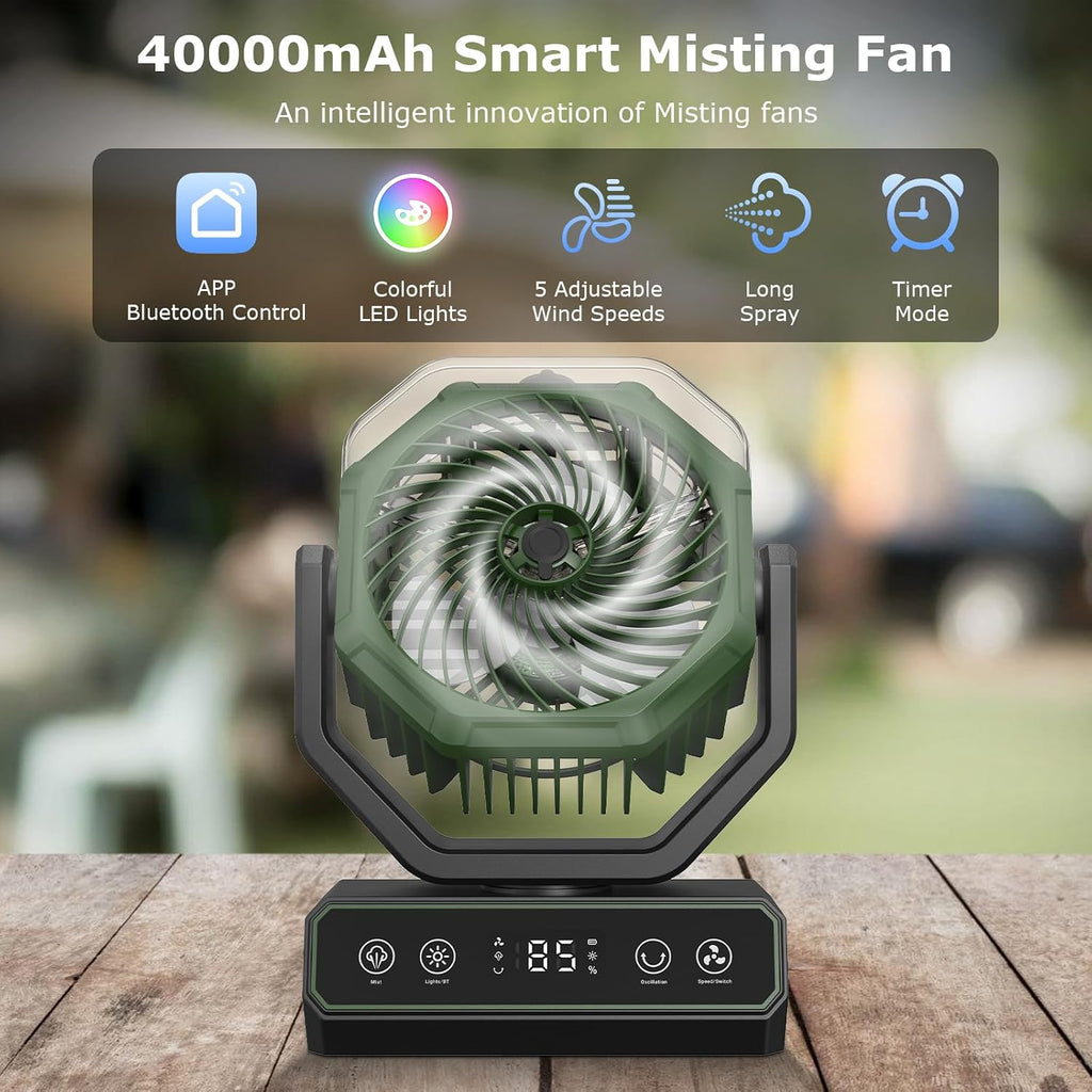 Portable Fan For Bedroom,40000Mah Rechargeable Desk Fan With Smart App Remote Control,Misting Fan With Rgb Lights,Timer,5 Speed Camping Fan For Travel,Tents,Beach,Office,Outdoor-Army Green