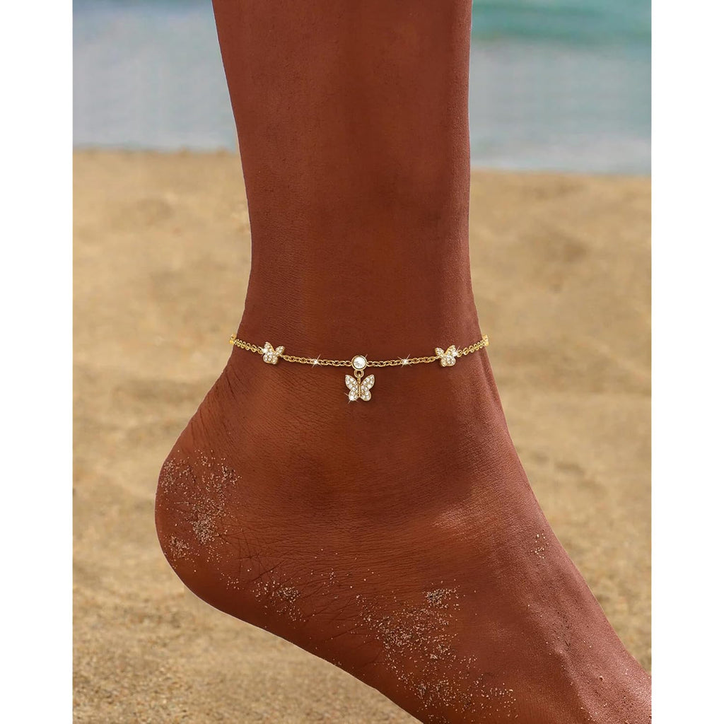 Anklets for Women Waterproof 14K Gold Plated Cz Beach Ankle Bracelets Dainty Summer Butterfly Clover Heart Bow Anklet Non Tarnish Layered Beach Jewelry Accessories for Women Trendy