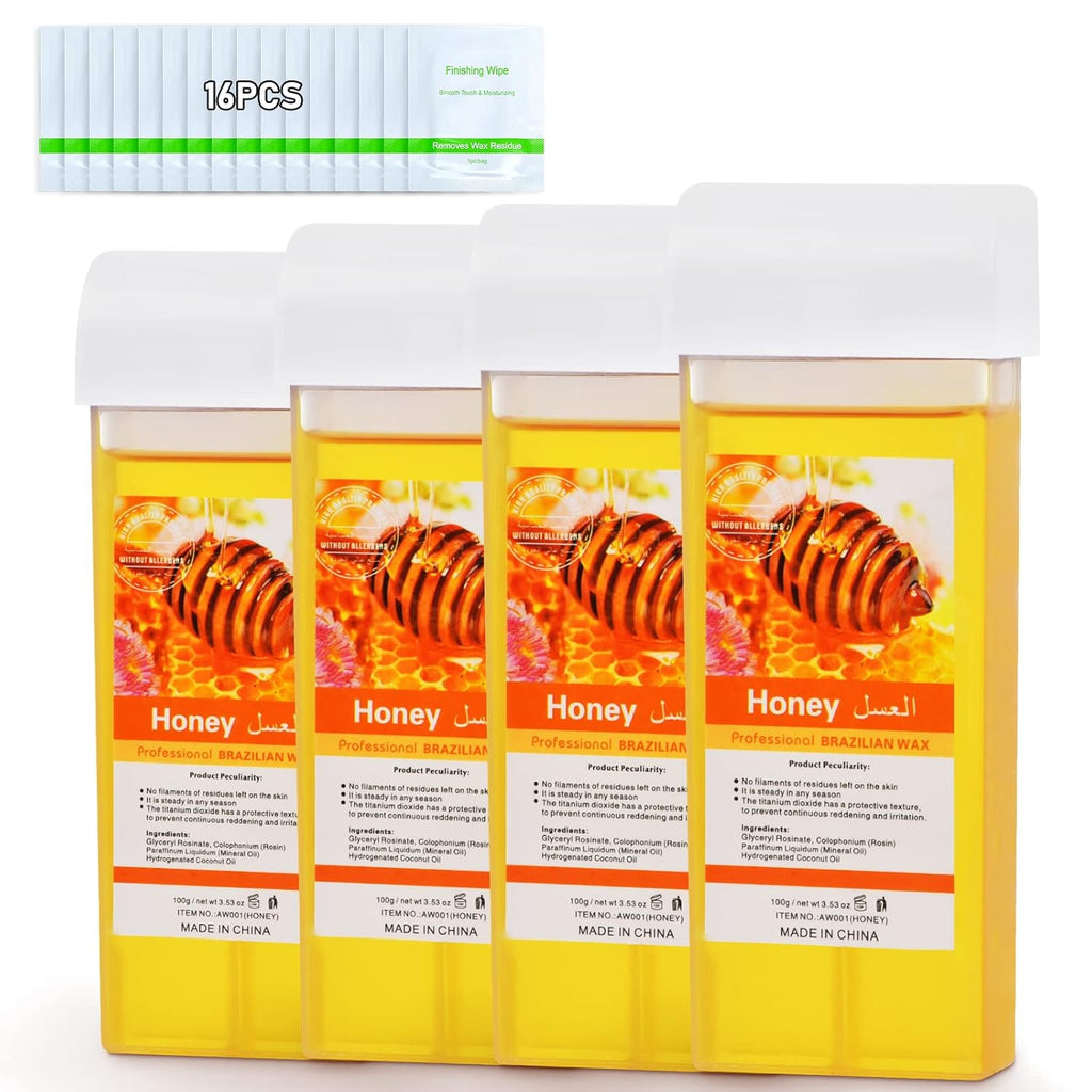 Roll On Wax, Honey Hair Removal Wax Cartridge, Depilatory Wax Roller Refill, 4 Pack - 100% Natural Material, Dermatologically Tested, Easy & Safe to Use, For Body Waxing, Leg and Arms
