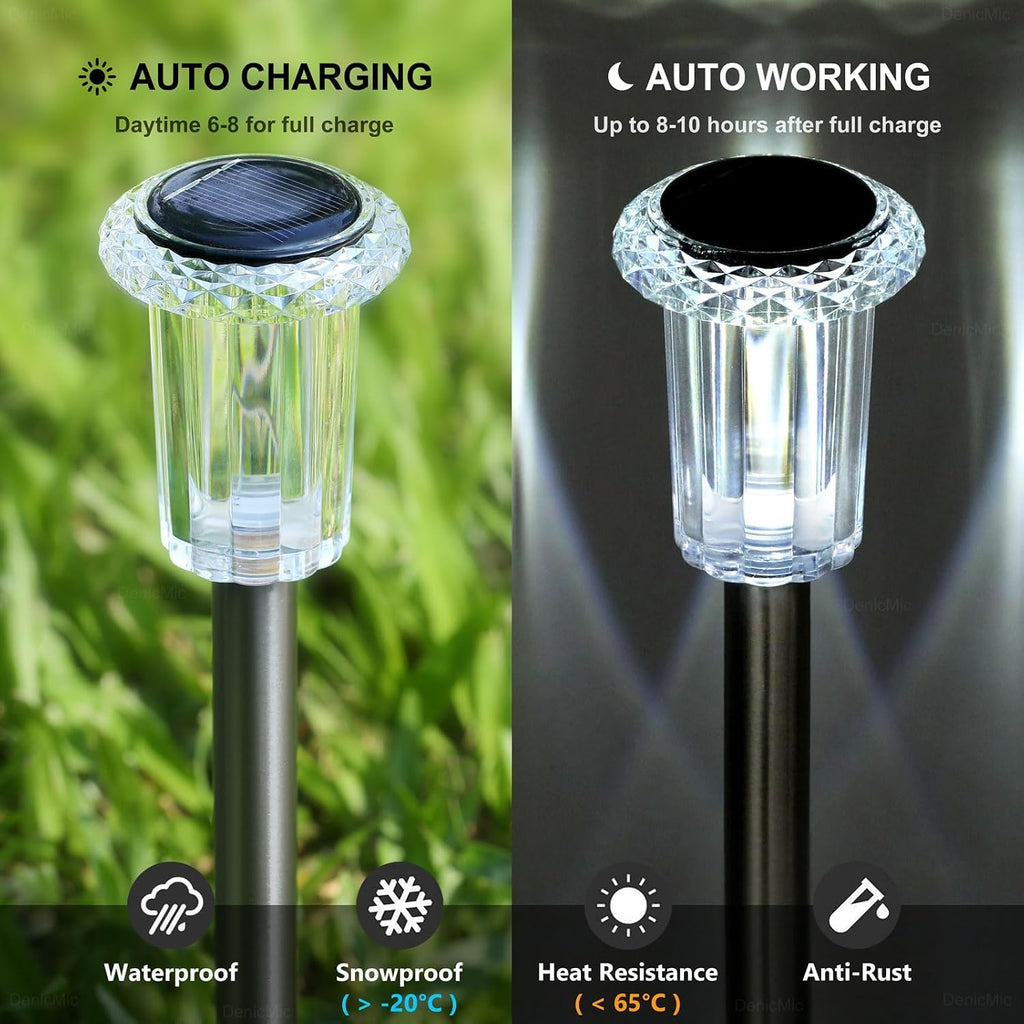 Denicmic Solar Lights Outdoor 10 Pack Waterproof 6000K Cold White Led Stainless Steel Stake Outside Lights For Yard Pathway Garden Driveway Walkway Landscape Path Lighting